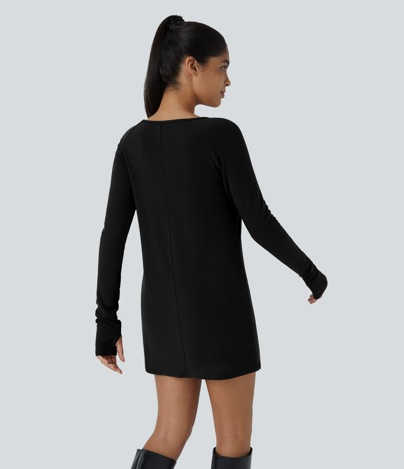 Halara Raglan Long Sleeve Thumb Hole Thermal Mini Casual Dress Casual Dress - Black - L slip dress beach dress ruched dress halter dress 