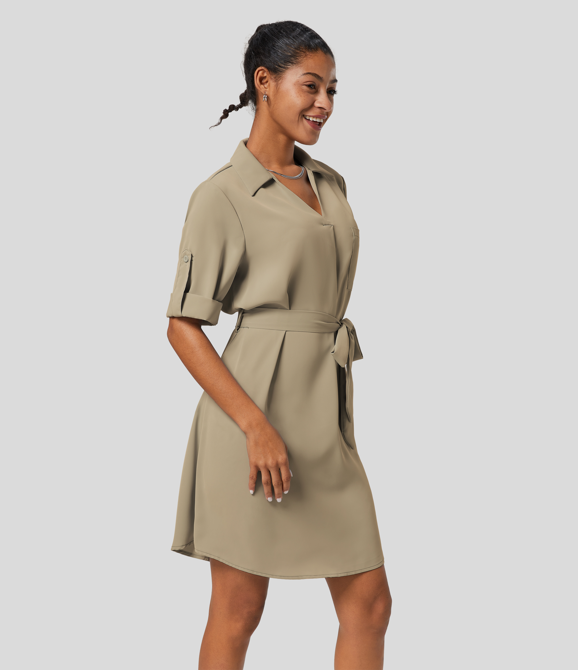 Halara Collared Roll Up Sleeve Belted Midi Work Shirt Dress Casual Dress - Pale Khaki - XL slip dress beach dress ruched dress halter dress 