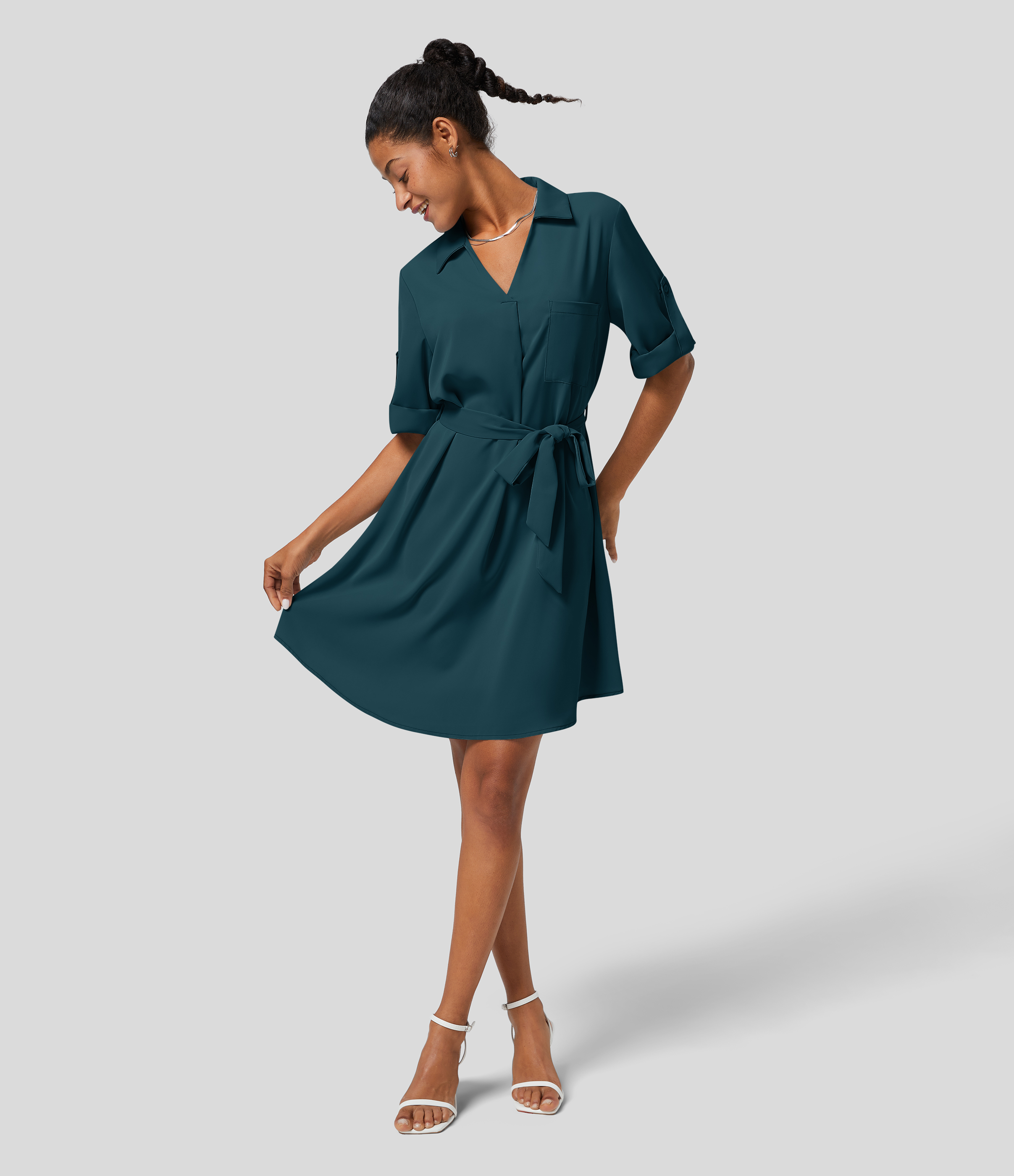 Roll Up Sleeve Belted Relaxed Work Shirt Dress