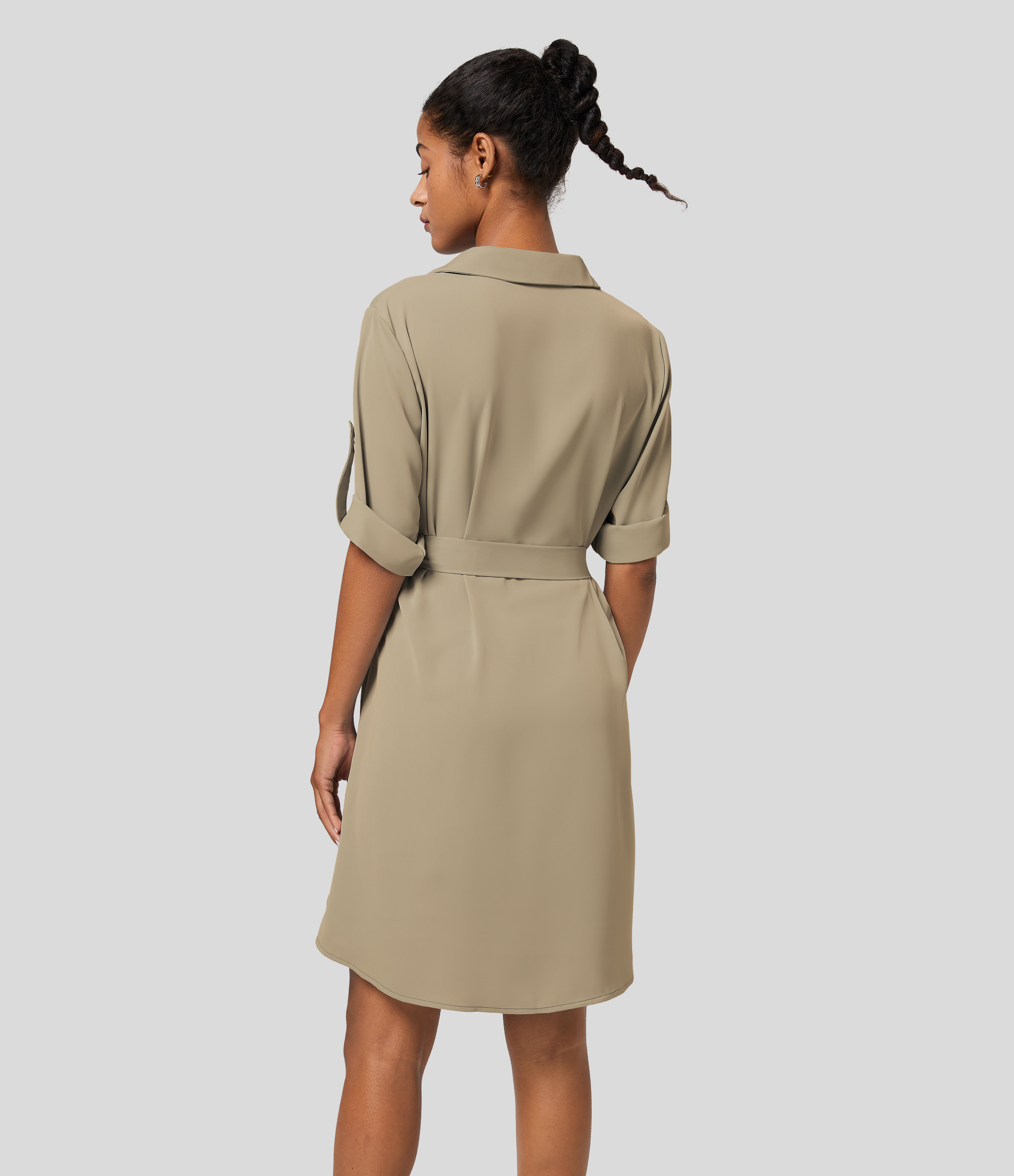 Halara Collared Roll Up Sleeve Belted Midi Work Shirt Dress Casual Dress - Pale Khaki - XL slip dress beach dress ruched dress halter dress 