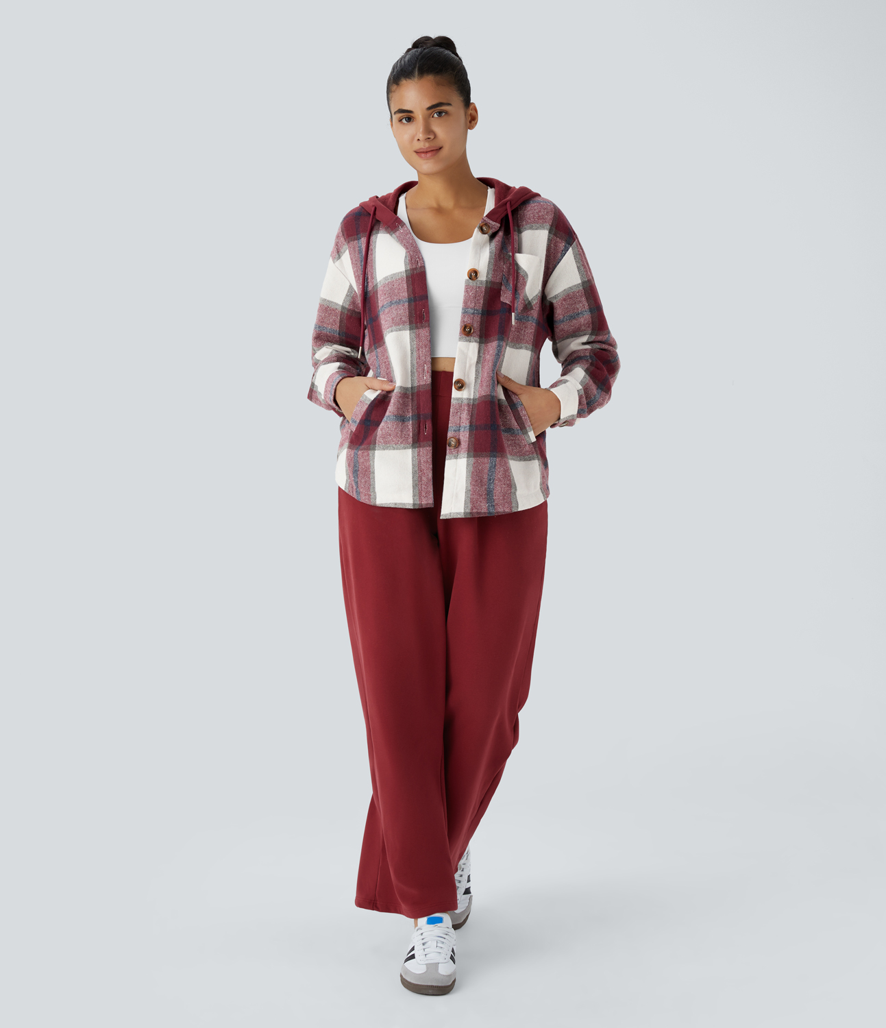 Halara Hooded Drawstring Button Side Pocket Plaid Fleece Casual Jacket  - Wine Red Square - M 
