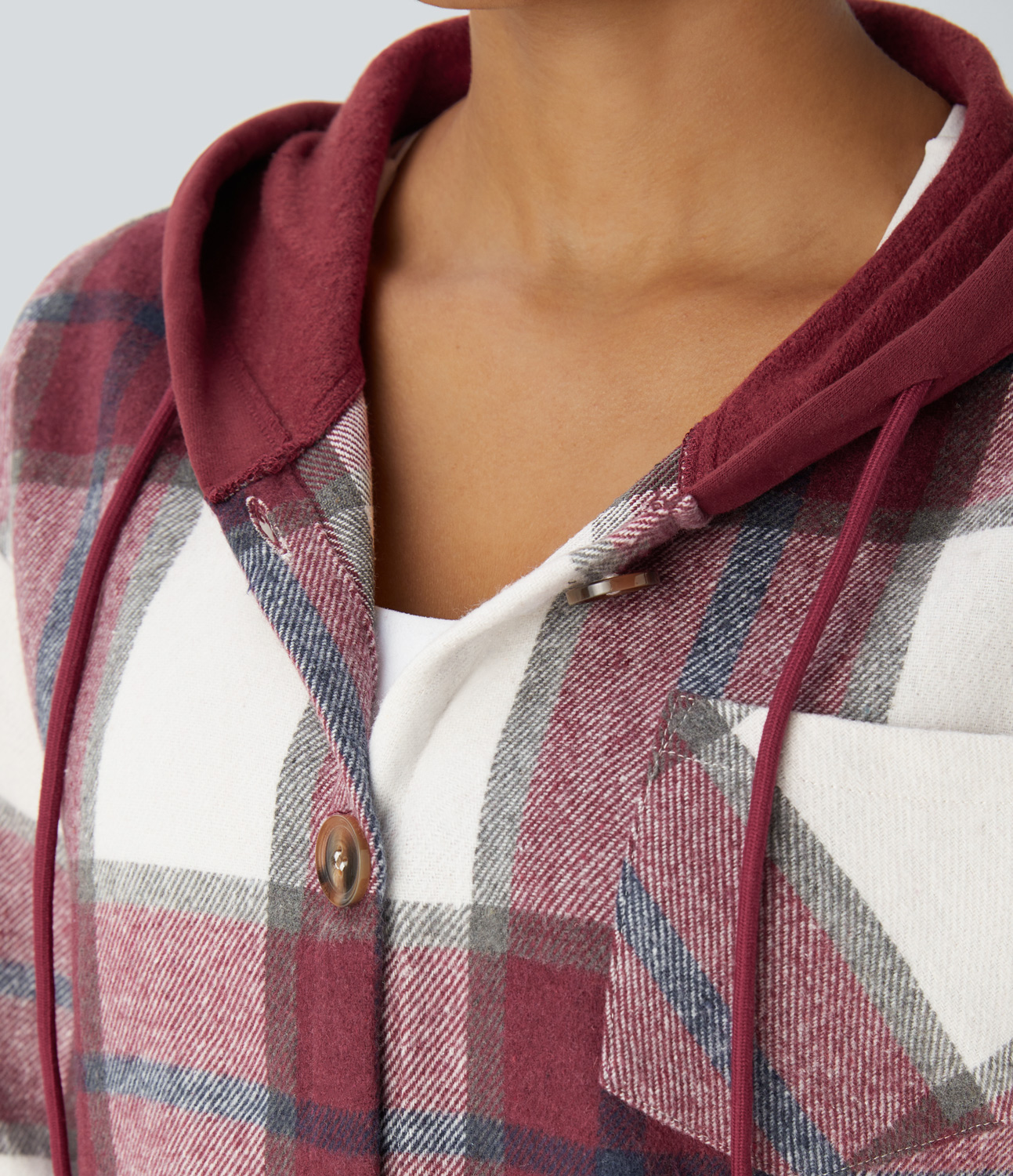 Halara Hooded Drawstring Button Side Pocket Plaid Fleece Casual Jacket  - Wine Red Square - M 