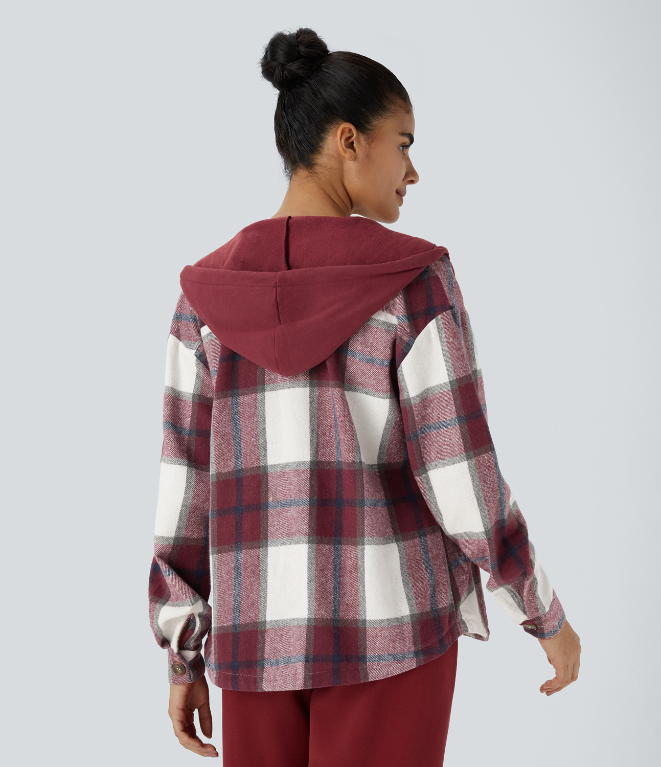 Halara Hooded Drawstring Button Side Pocket Plaid Fleece Casual Jacket  - Wine Red Square - M 
