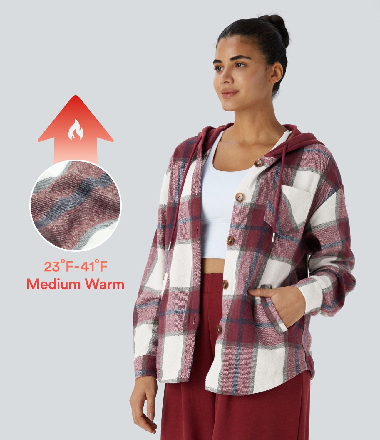 Halara Hooded Drawstring Button Side Pocket Plaid Fleece Casual Jacket  - Wine Red Square - M 