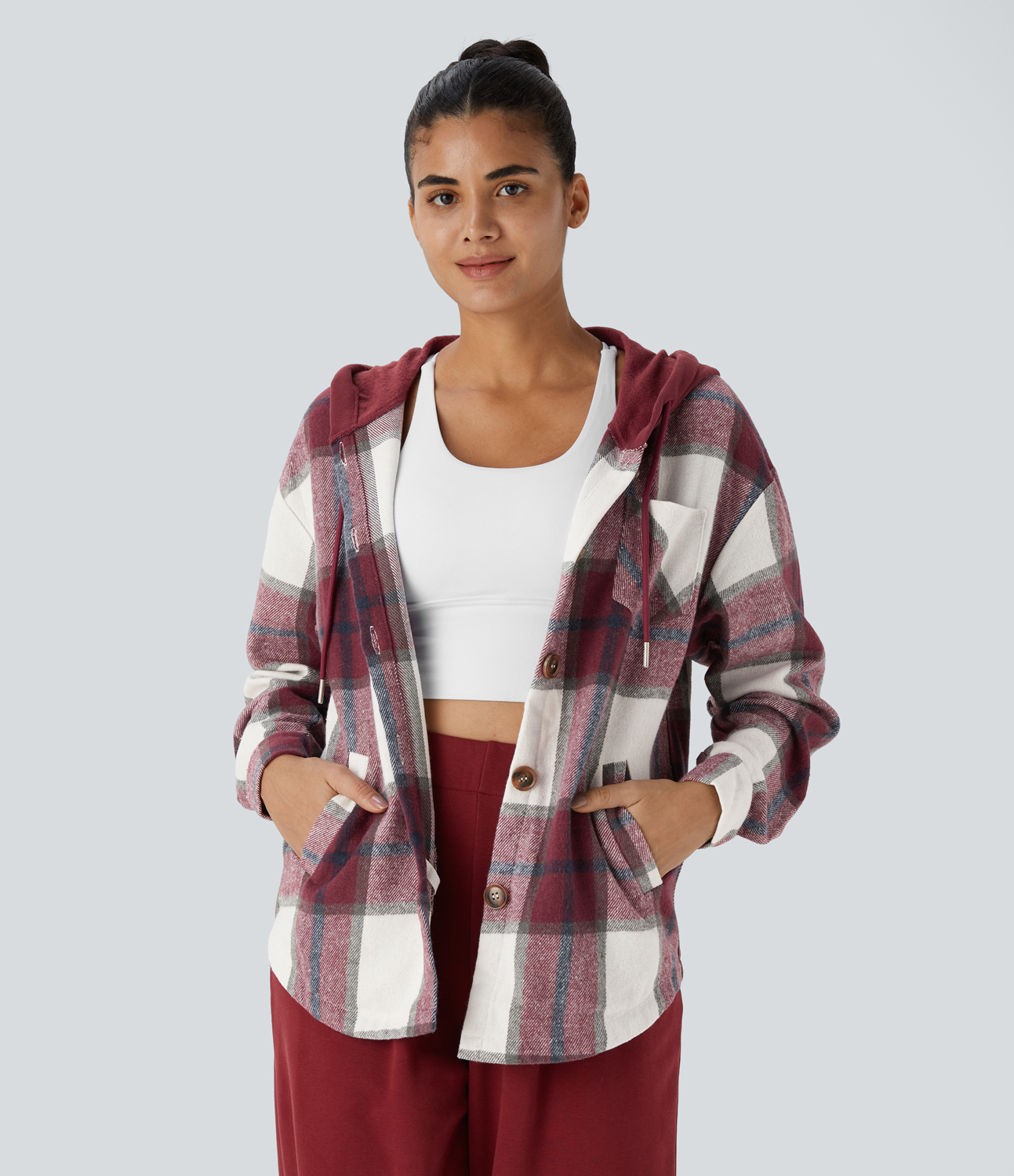 Halara Hooded Drawstring Button Side Pocket Plaid Fleece Casual Jacket  - Wine Red Square - M 