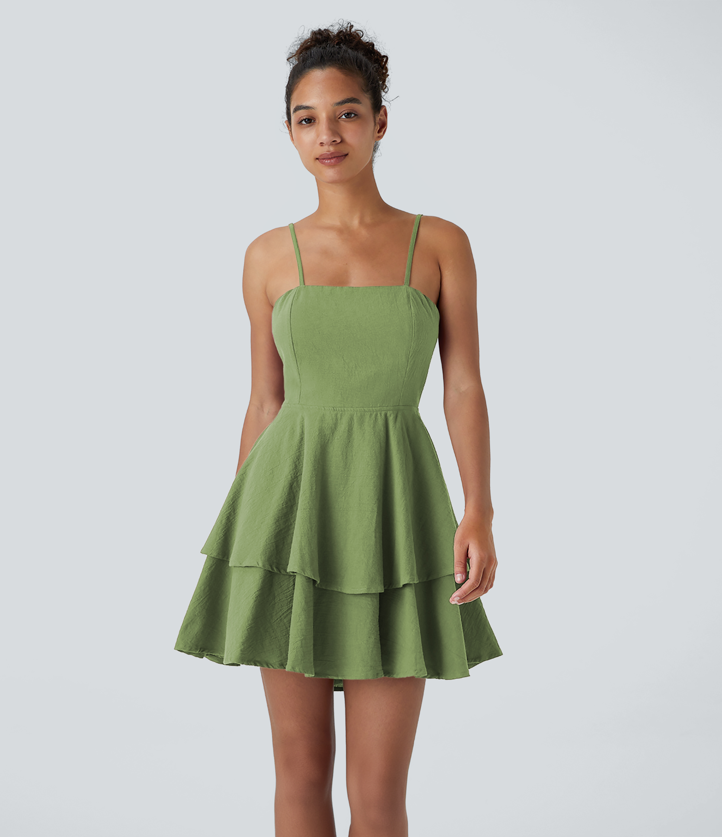 Halara Backless Adjustable Strap Tie Back Tiered Ruffle Flowy Slip Mini Casual Cotton Dress Casual Dress - Forest Shade - XL slip dress 