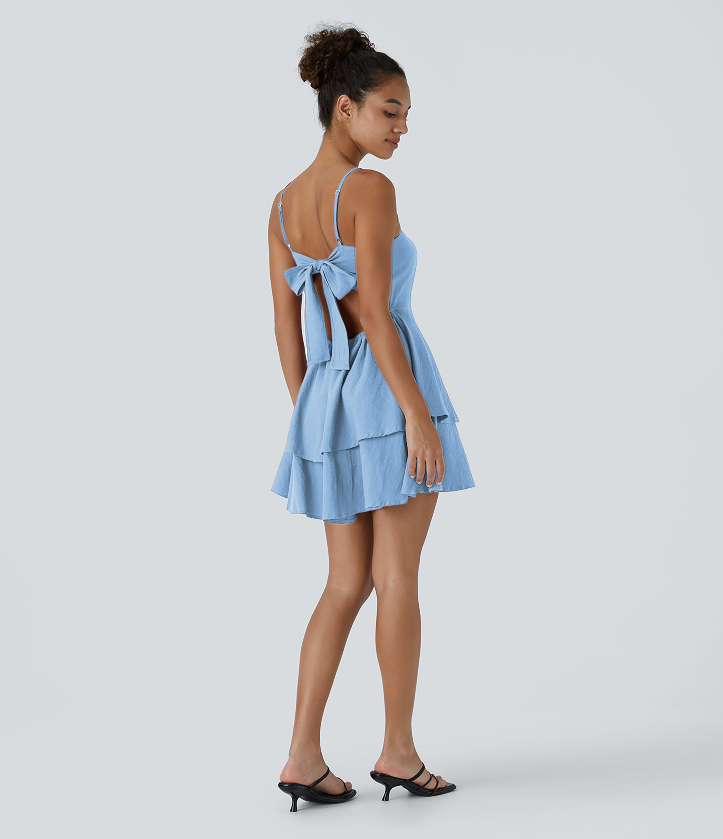 Halara Backless Adjustable Strap Tie Back Tiered Ruffle Flowy Slip Mini Casual Cotton Dress Casual Dress - Ice Water - XL slip dress 