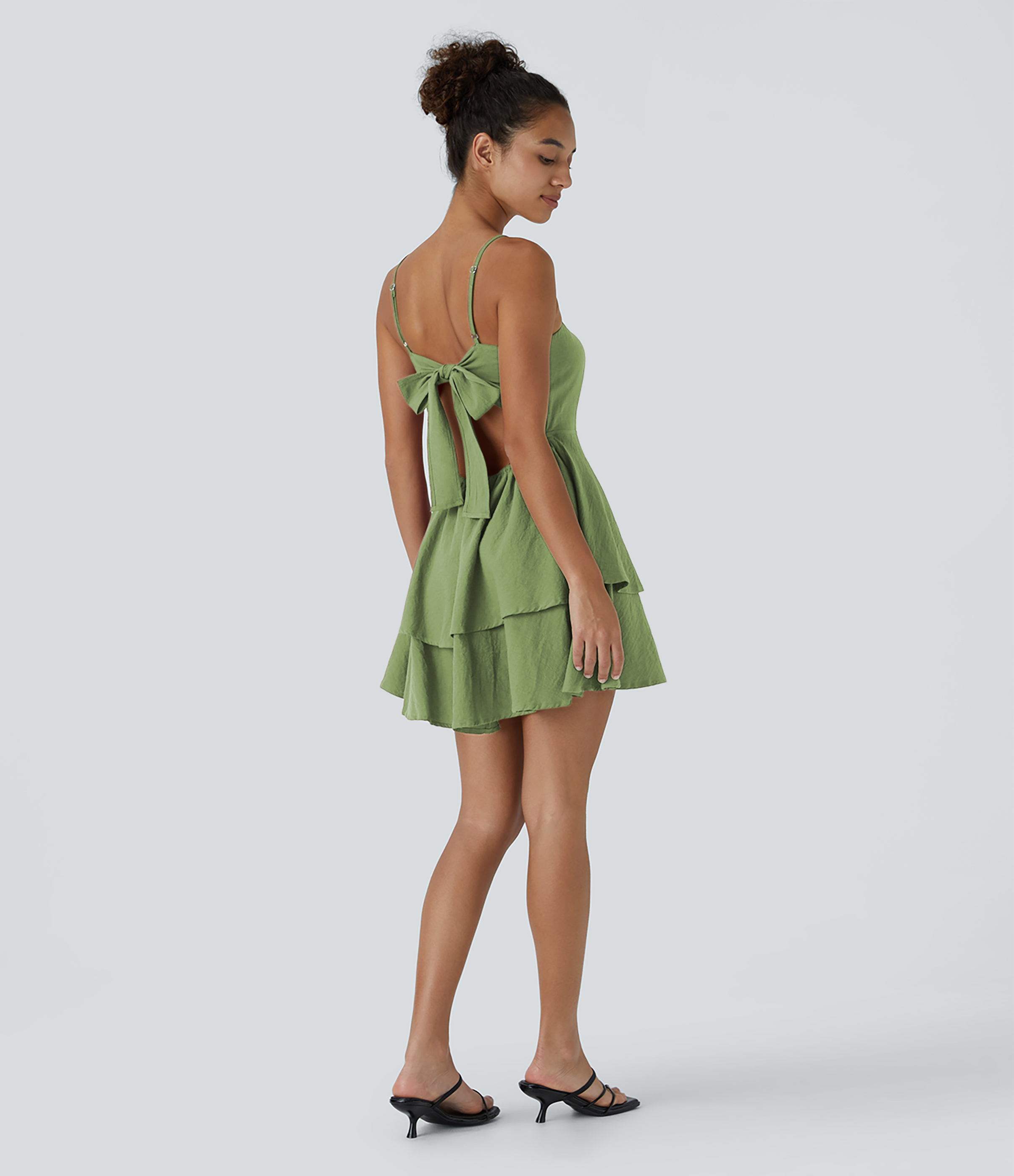 Halara Backless Adjustable Strap Tie Back Tiered Ruffle Flowy Slip Mini Casual Cotton Dress Casual Dress - Forest Shade - XL slip dress 