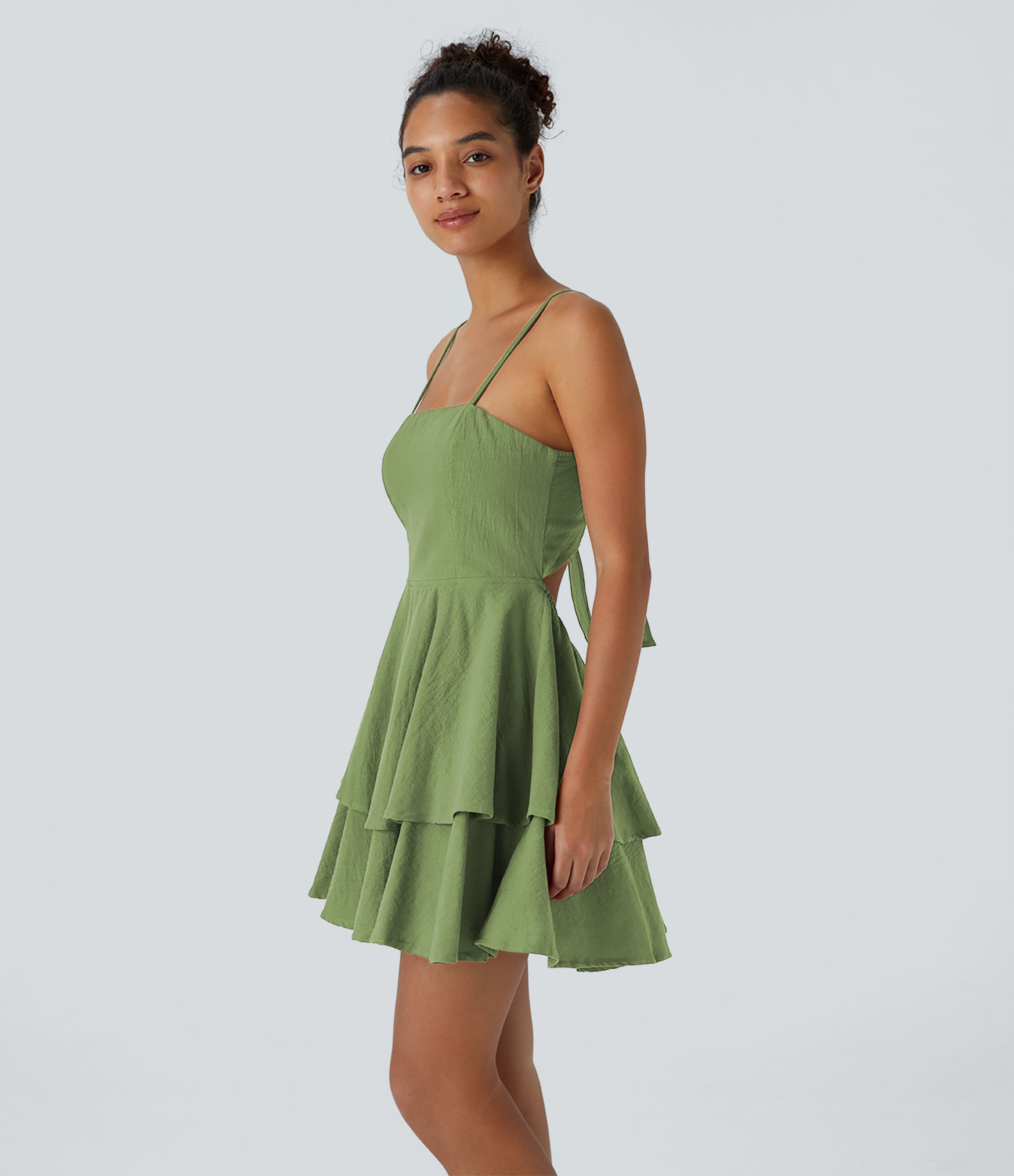 Halara Backless Adjustable Strap Tie Back Tiered Ruffle Flowy Slip Mini Casual Cotton Dress Casual Dress - Forest Shade - XL slip dress 