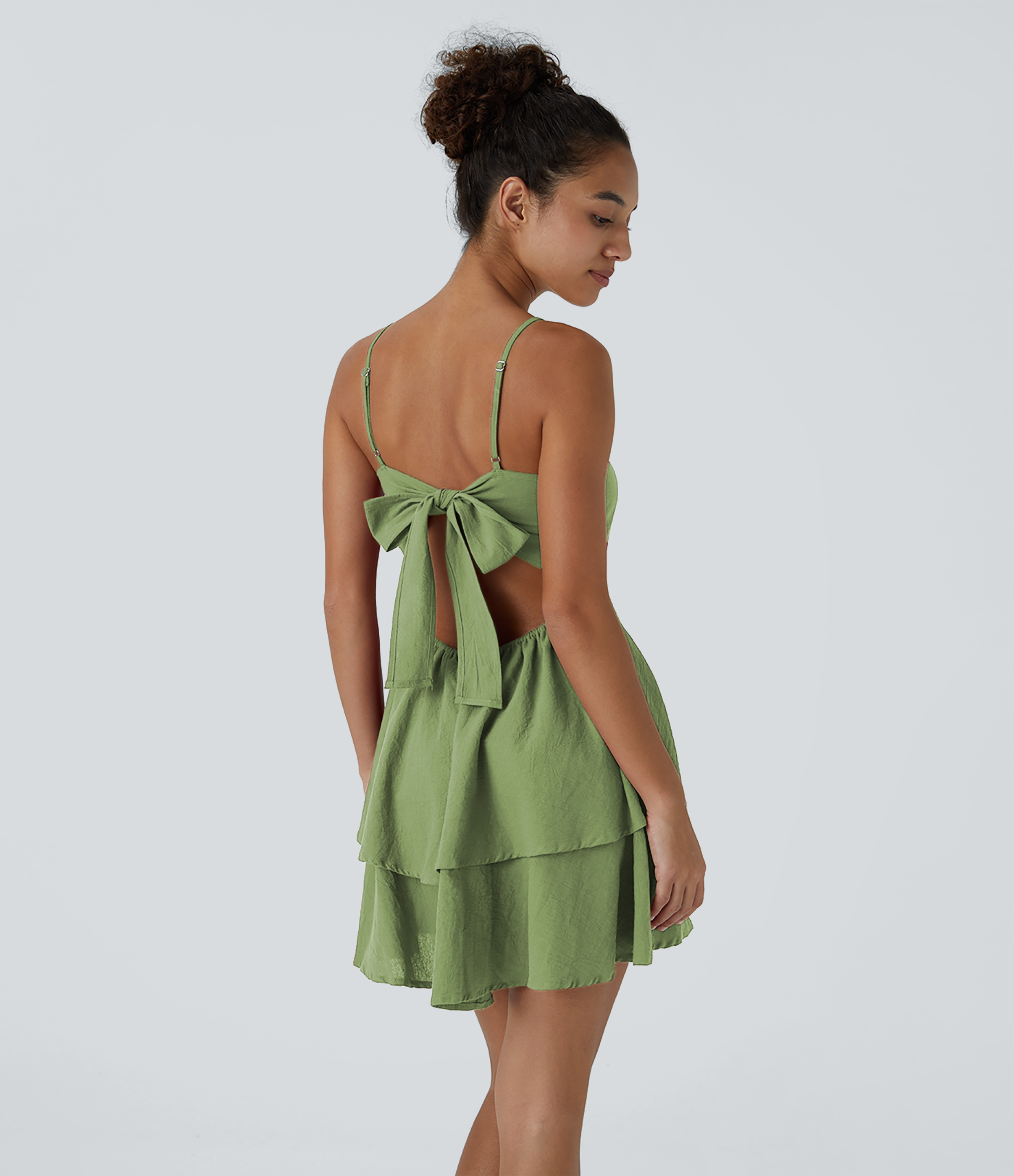 Halara Backless Adjustable Strap Tie Back Tiered Ruffle Flowy Slip Mini Casual Cotton Dress Casual Dress - Forest Shade - XL slip dress 