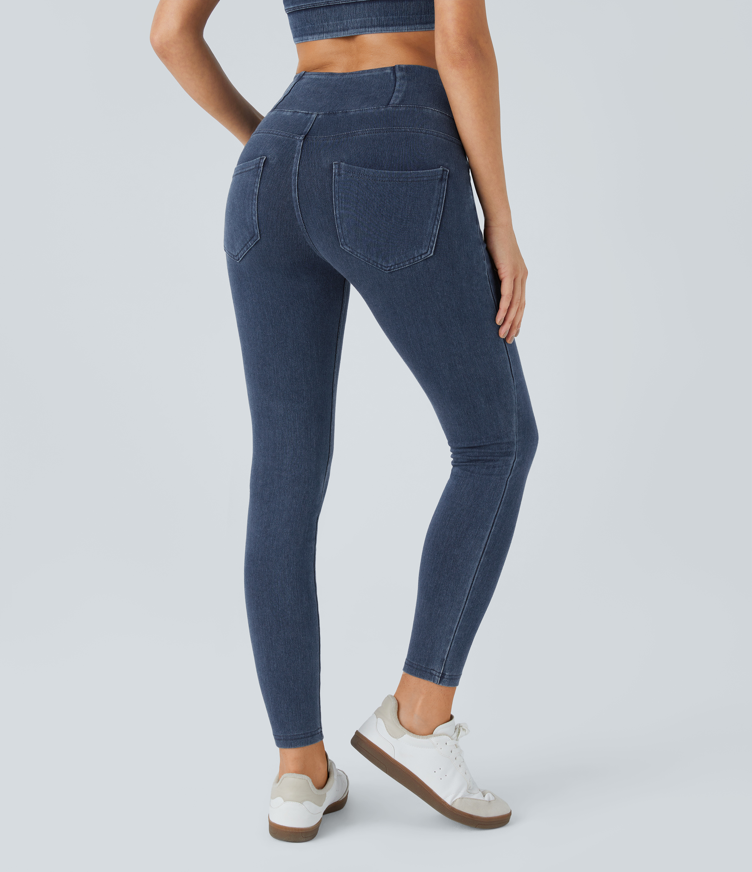 Washed Denim Bleached Blue Halara Flex™ Jeans Crossover-Jeggings aus elastischem Strick-Denim mit hohem Bund und mehreren Taschen / 2