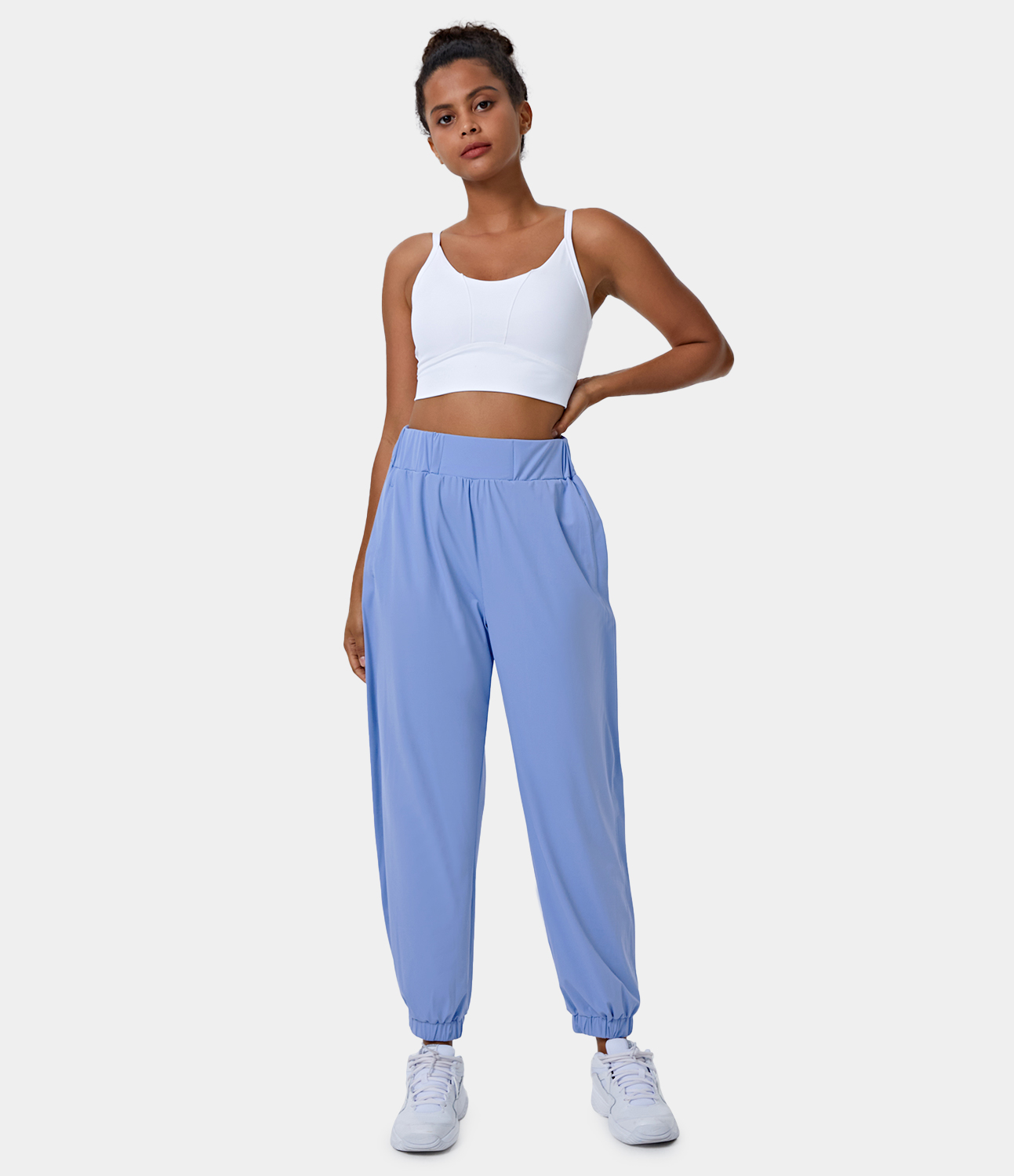 Women's High Waisted Elastic Waistband Side Pocket Plain Joggers HALARA