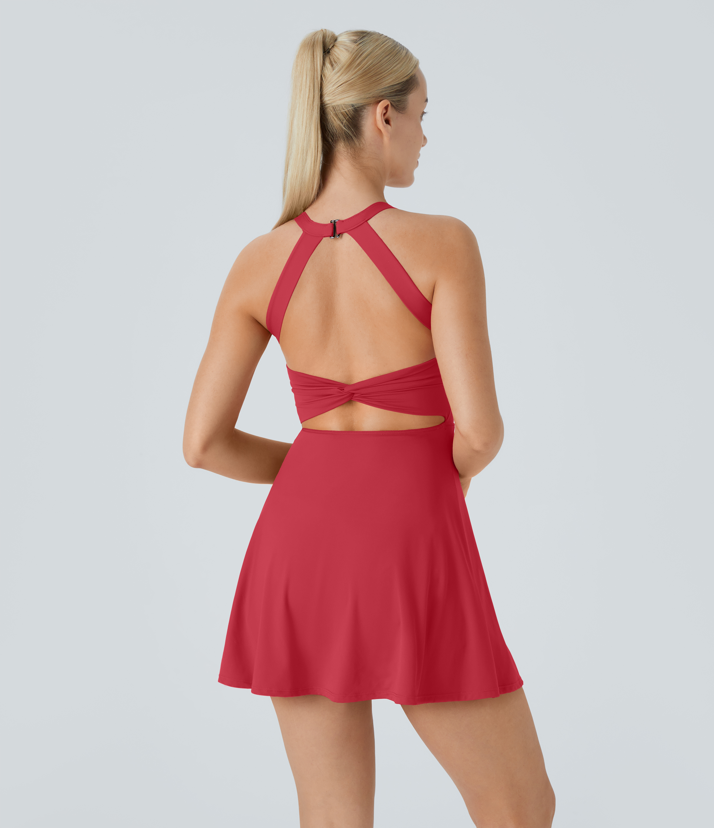 Halara Backless Cut Out Twisted Side Pocket 2-in-1 Barre Ballet Dance Dress Workout Dress - Winterberry - XS 