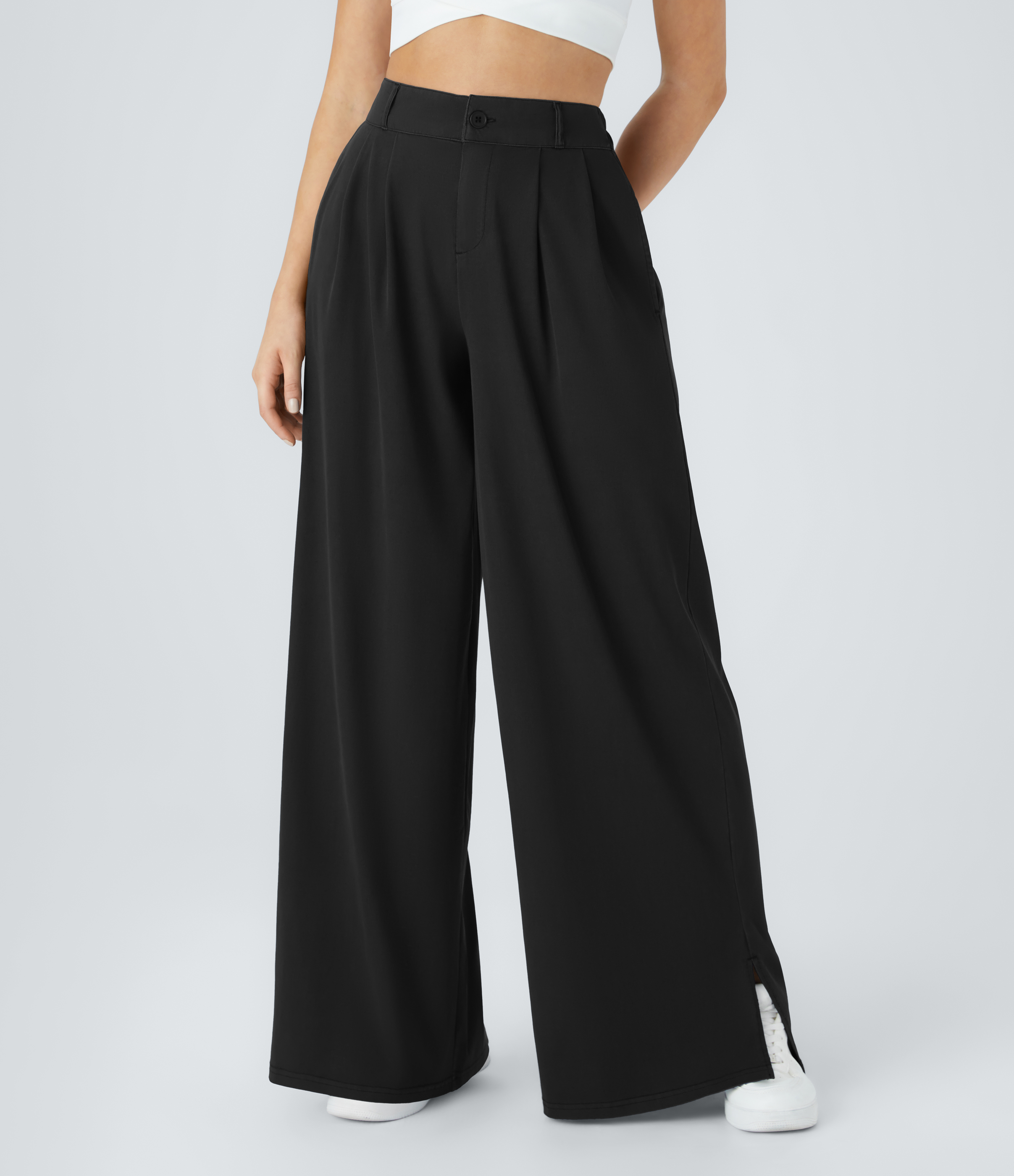 Halara High Waisted Button Zipper Plicated Side Pocket Split Hem Wide Leg Casual Pants  - Thick Black Denim - XS(petite) sweatpants 