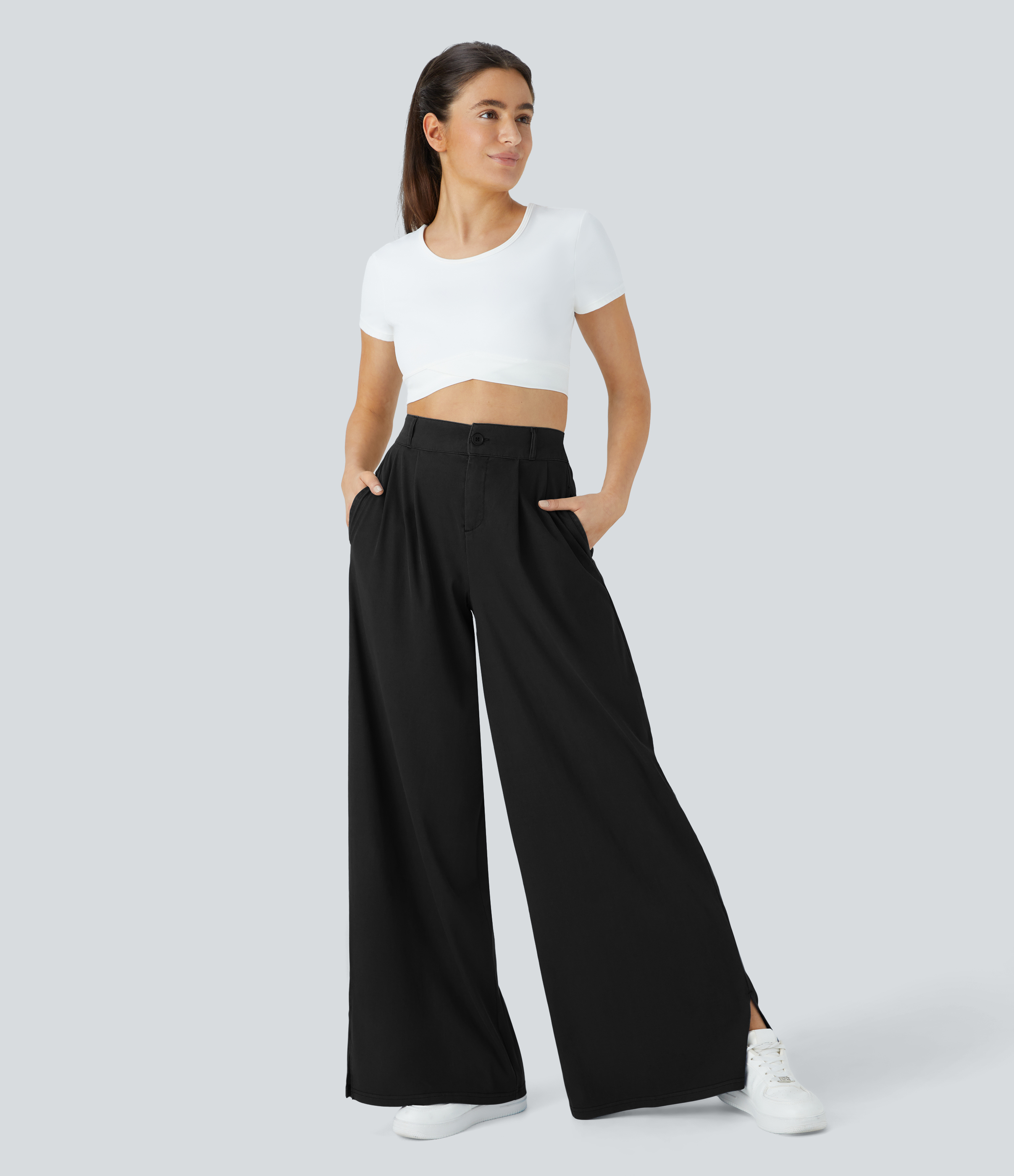 Halara High Waisted Button Zipper Plicated Side Pocket Split Hem Wide Leg Casual Pants  - Thick Black Denim - XS(petite) sweatpants 