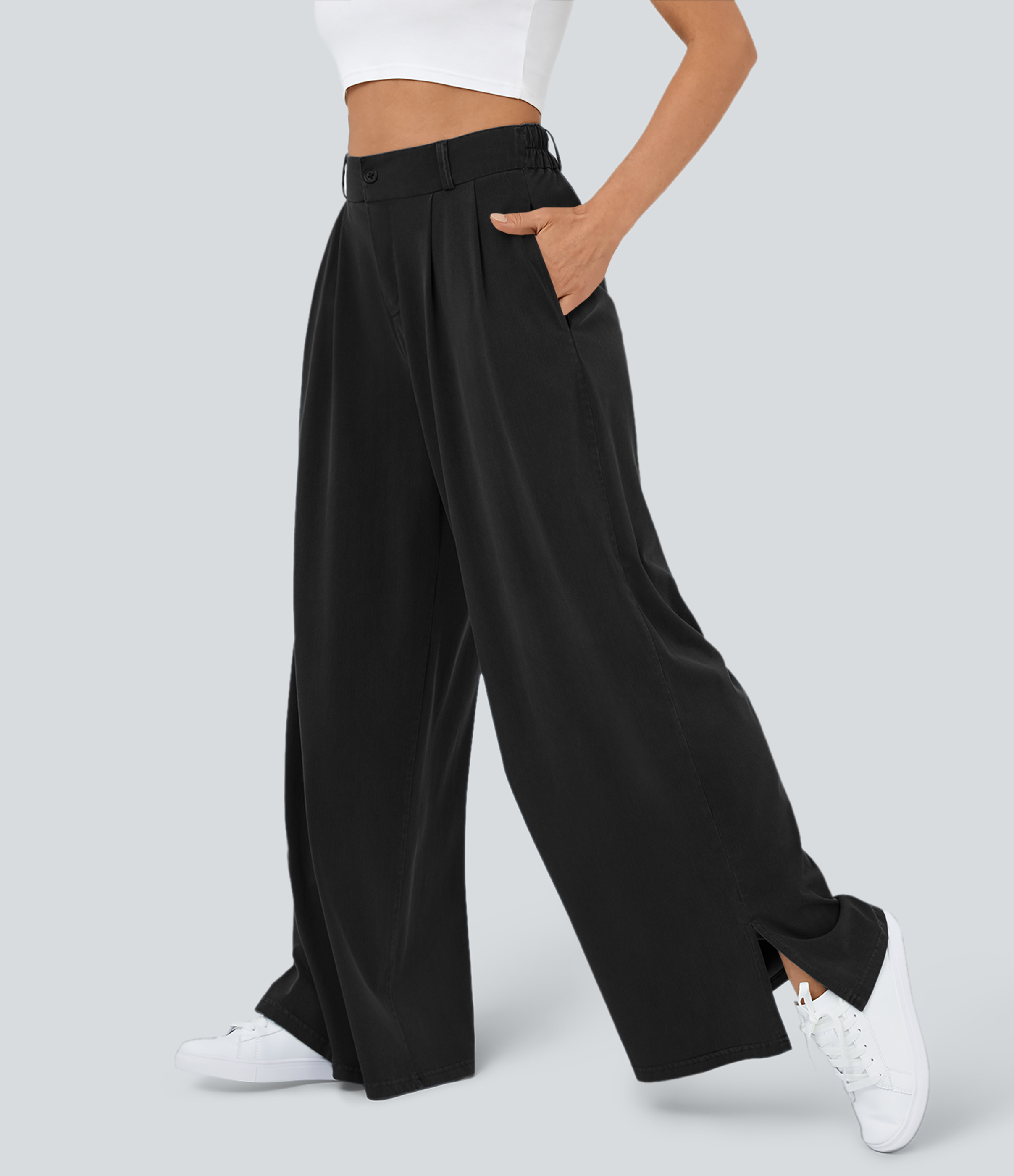 Halara High Waisted Button Zipper Side Pocket Split Hem Wide Leg Casual Pants - Thick Black Denim - L(petite)