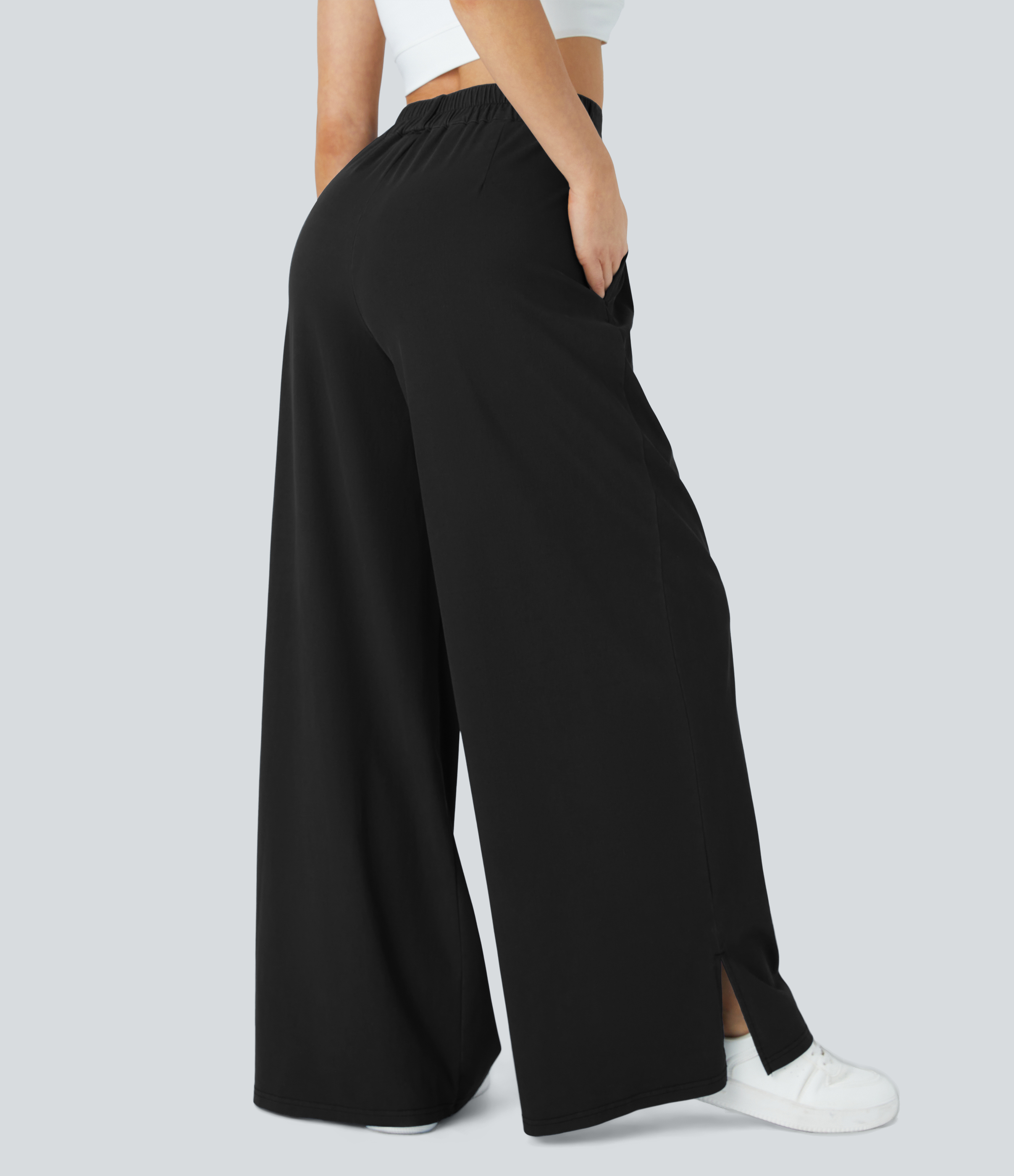 Halara High Waisted Button Zipper Plicated Side Pocket Split Hem Wide Leg Casual Pants  - Thick Black Denim - XS(petite) sweatpants 