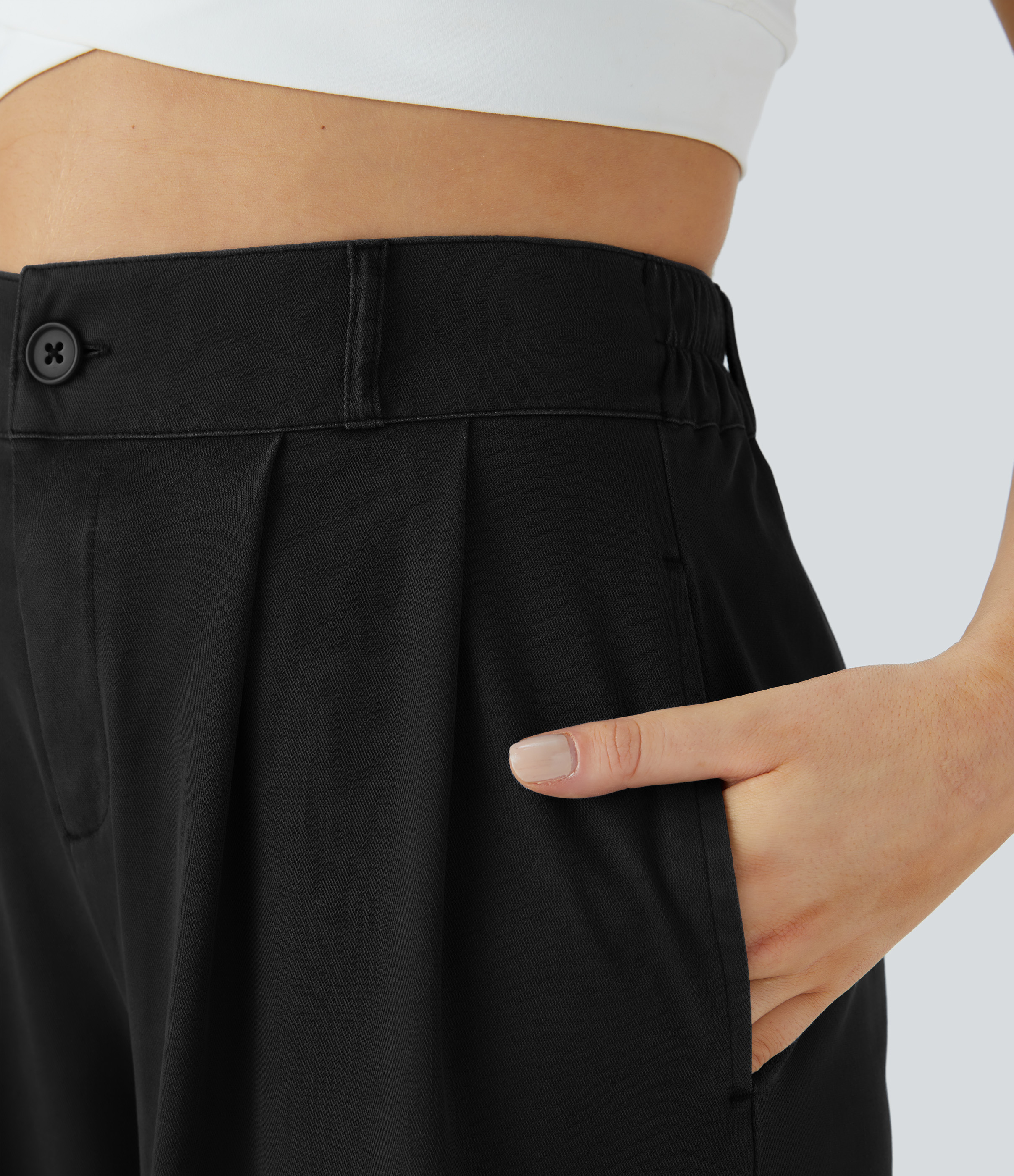 Halara High Waisted Button Zipper Plicated Side Pocket Split Hem Wide Leg Casual Pants  - Thick Black Denim - XS(petite) sweatpants 
