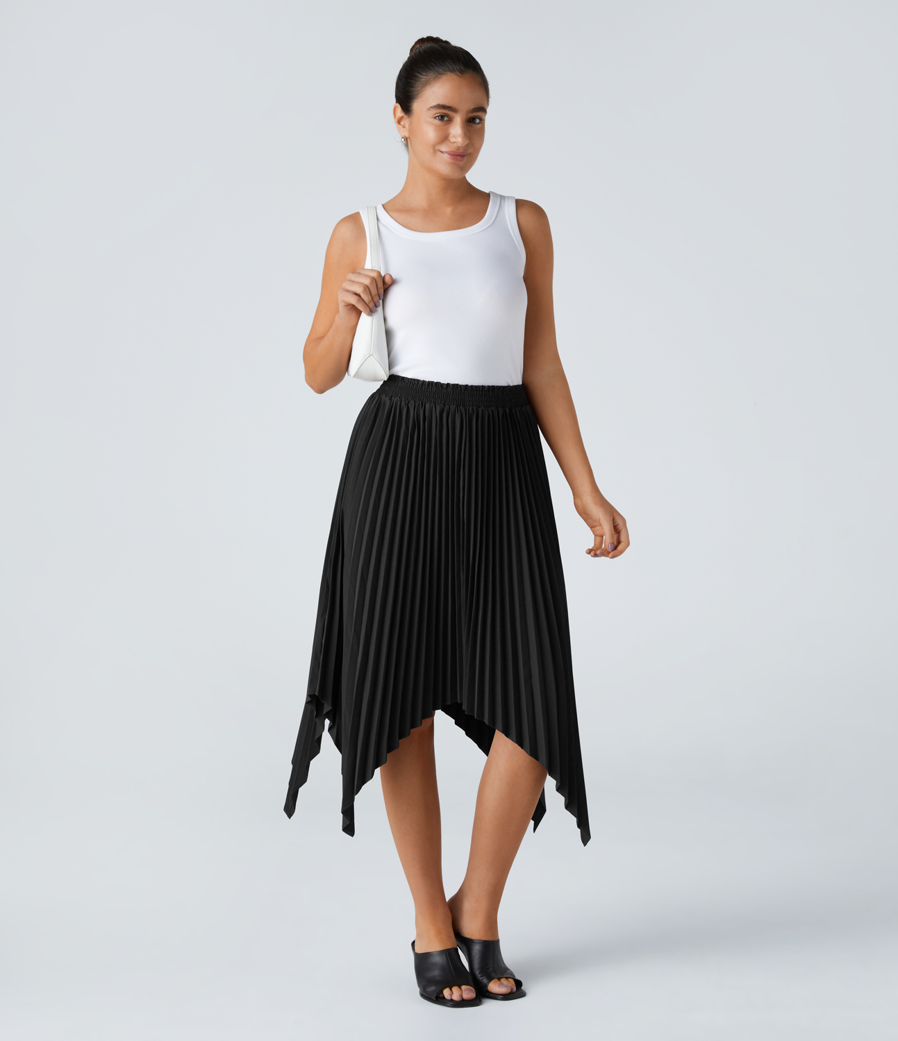 Halara Breezefulв„ў Mid Rise Pleated Hanky Hem Flowy Quick Dry Midi Casual Skirt  - Black - XS(regular) 
