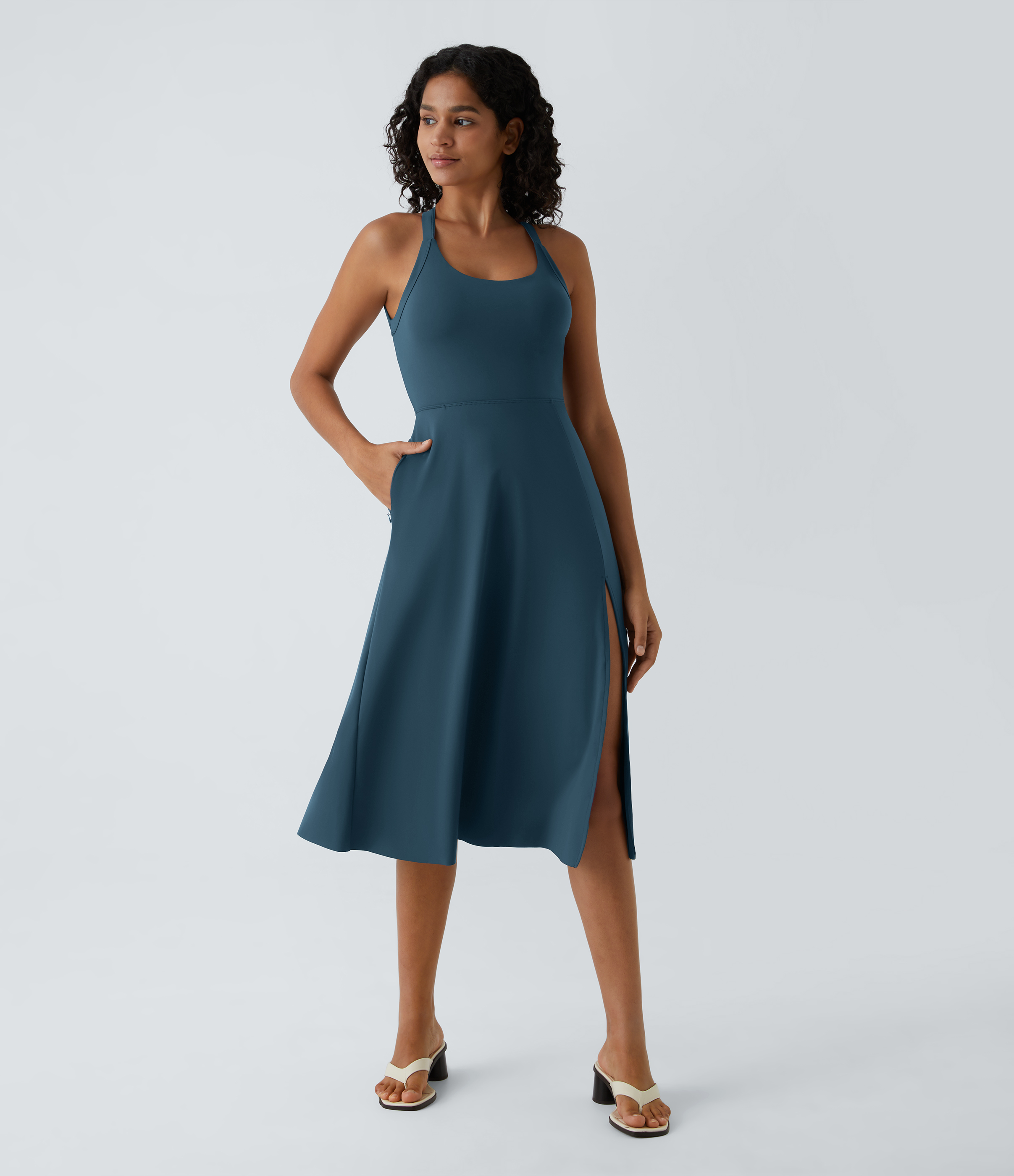 Halara Backless Cut Out Twisted Side Pocket Split Midi Casual Dress Casual Dress - Majolica Blue - XL slip dress beach dress ruched dress 