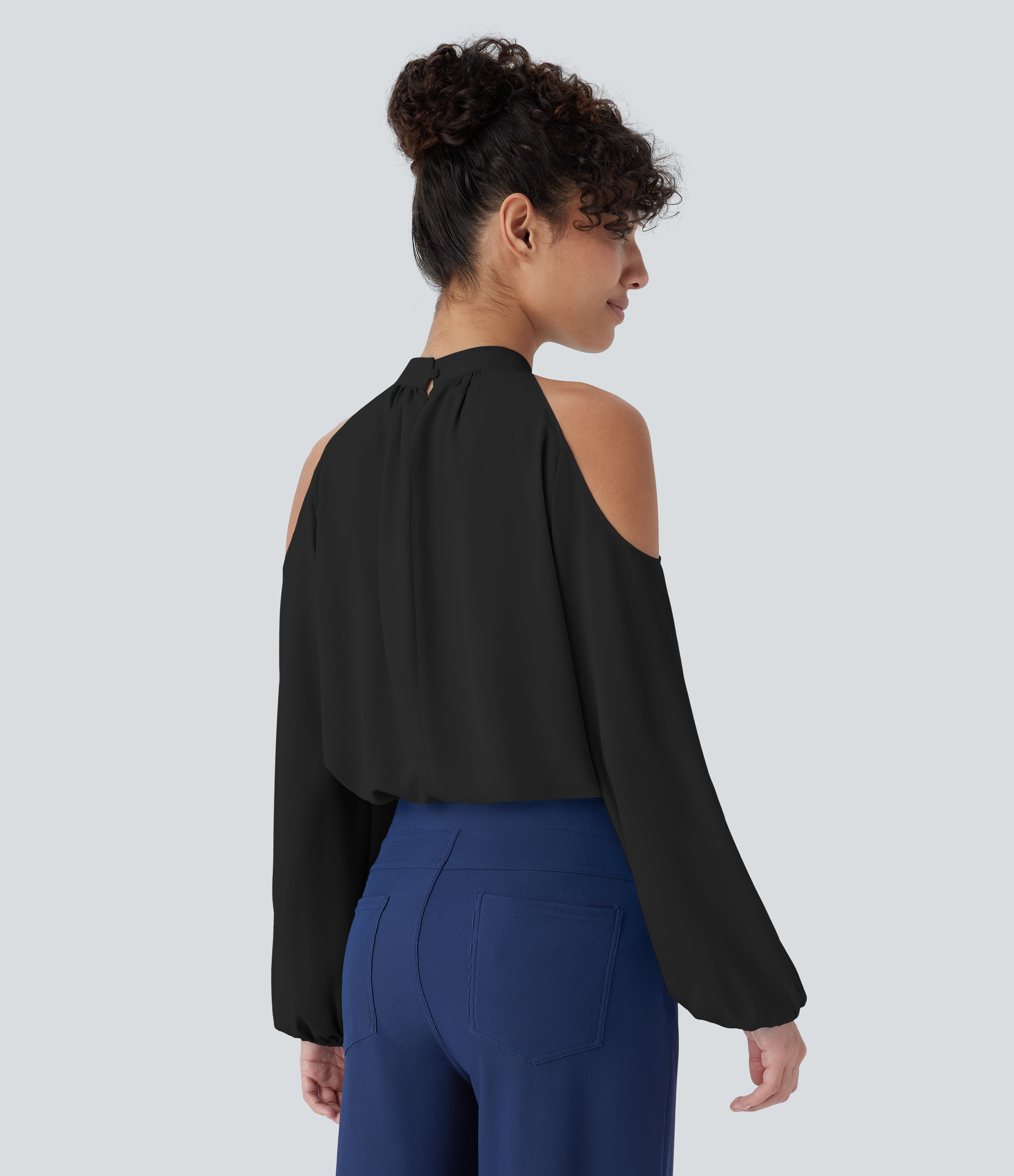 Halara Stand Collar Button Cold Shoulder Bishop Sleeve Casual Blouse  - Black - L 