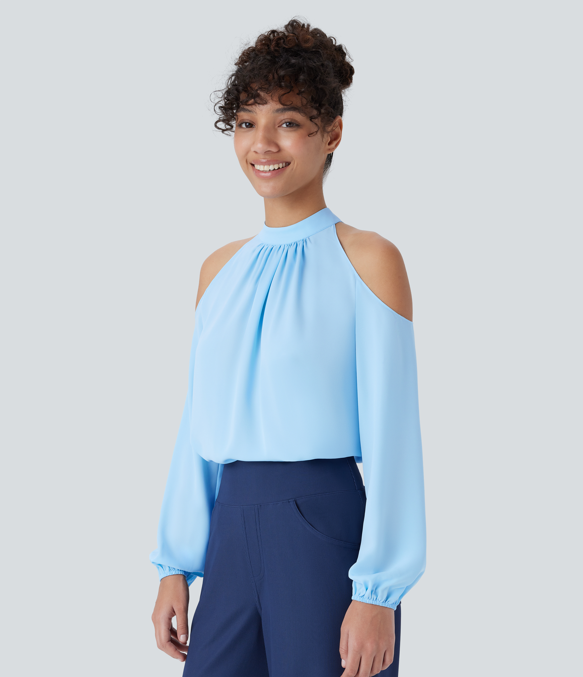 Halara Stand Collar Button Cold Shoulder Bishop Sleeve Casual Blouse  - Rippling Blue - L 