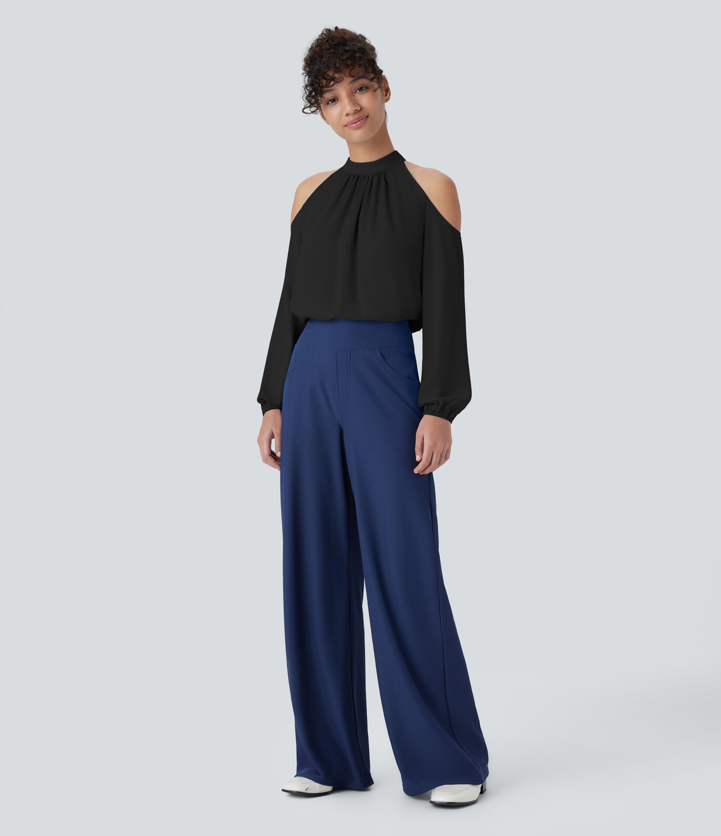 Halara Stand Collar Button Cold Shoulder Bishop Sleeve Casual Blouse  - Black - L 