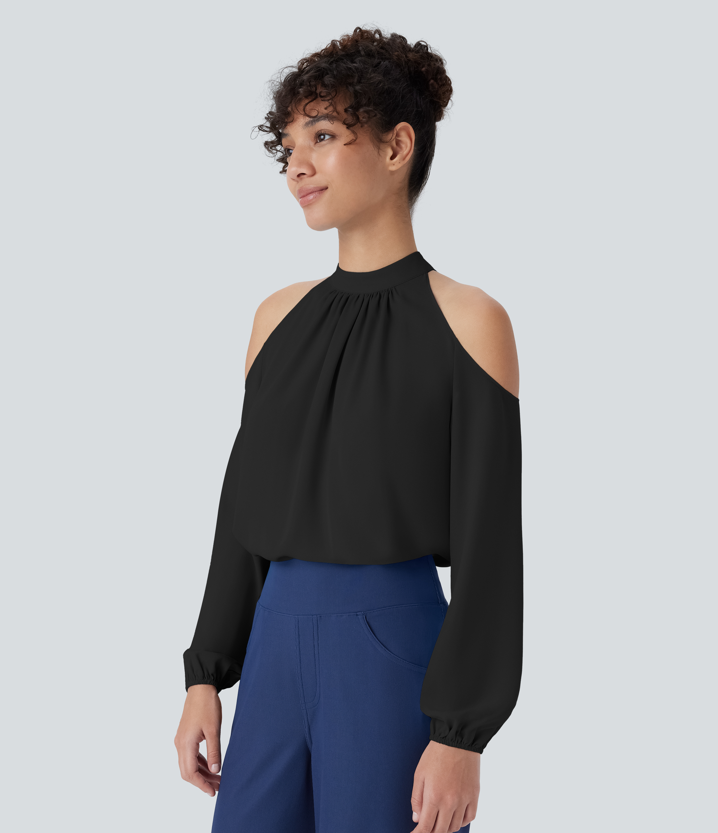 Halara Stand Collar Button Cold Shoulder Bishop Sleeve Casual Blouse  - Black - L 