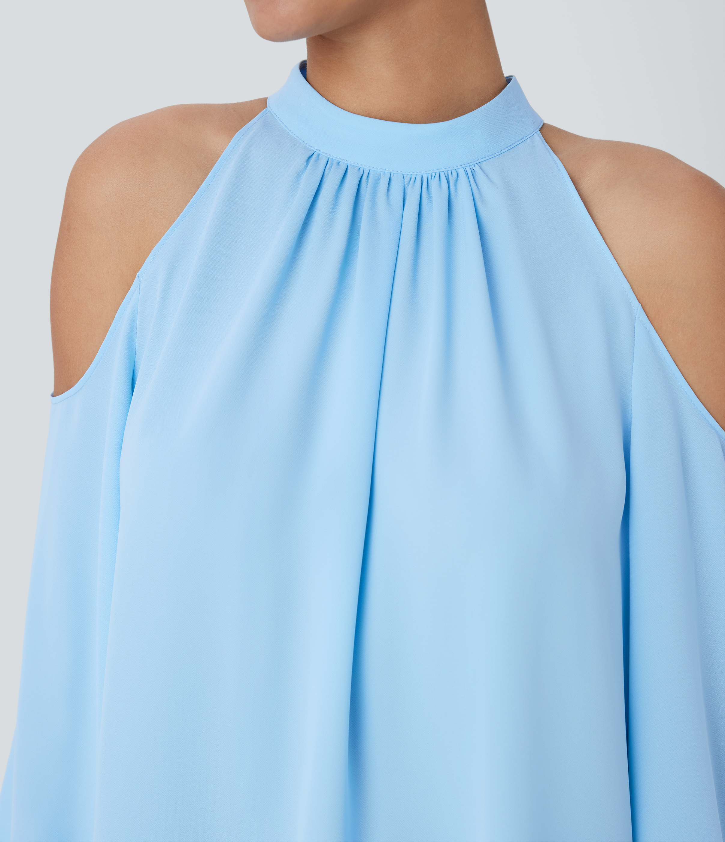 Halara Stand Collar Button Cold Shoulder Bishop Sleeve Casual Blouse  - Rippling Blue - L 
