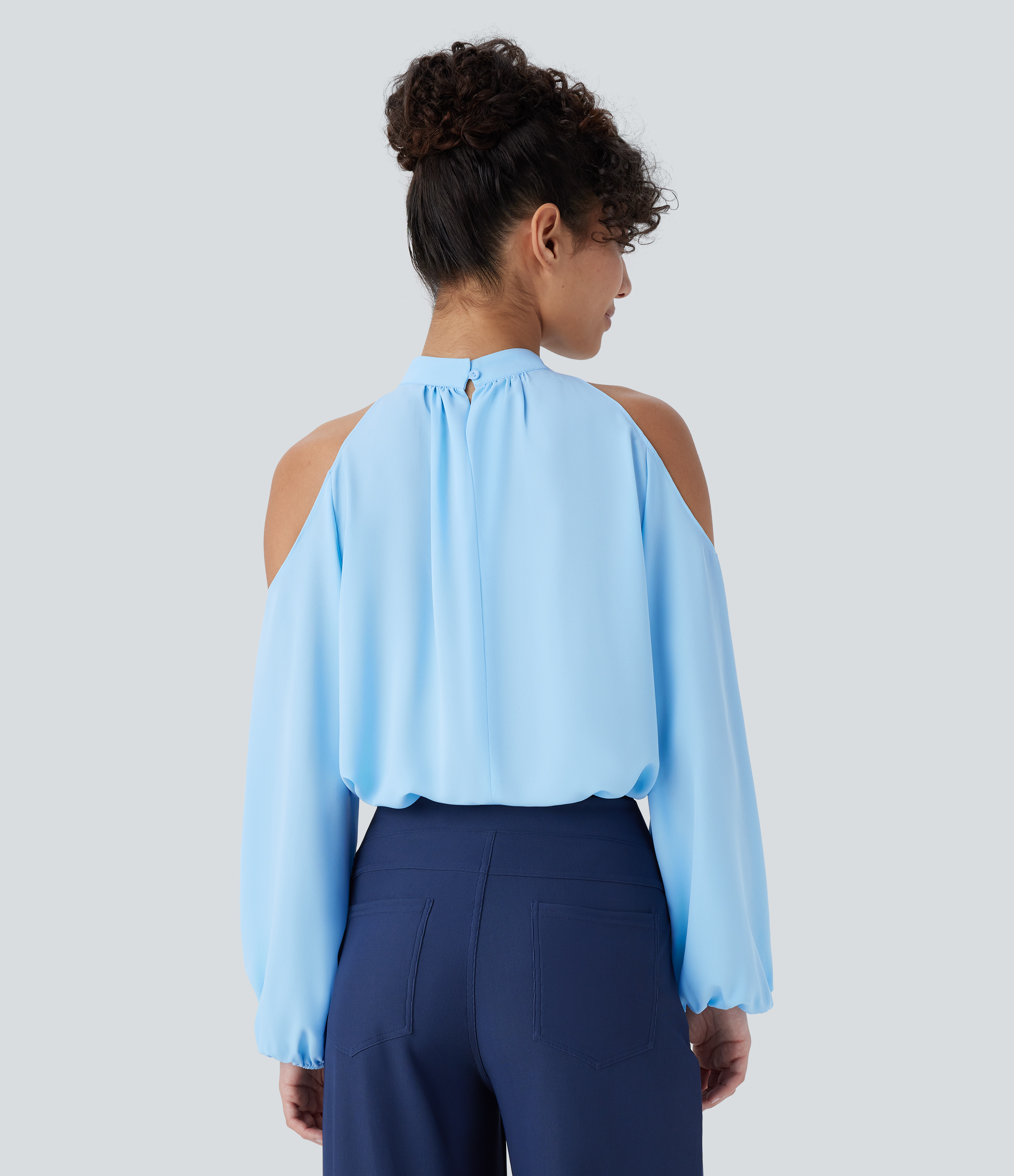Halara Stand Collar Button Cold Shoulder Bishop Sleeve Casual Blouse  - Rippling Blue - L 