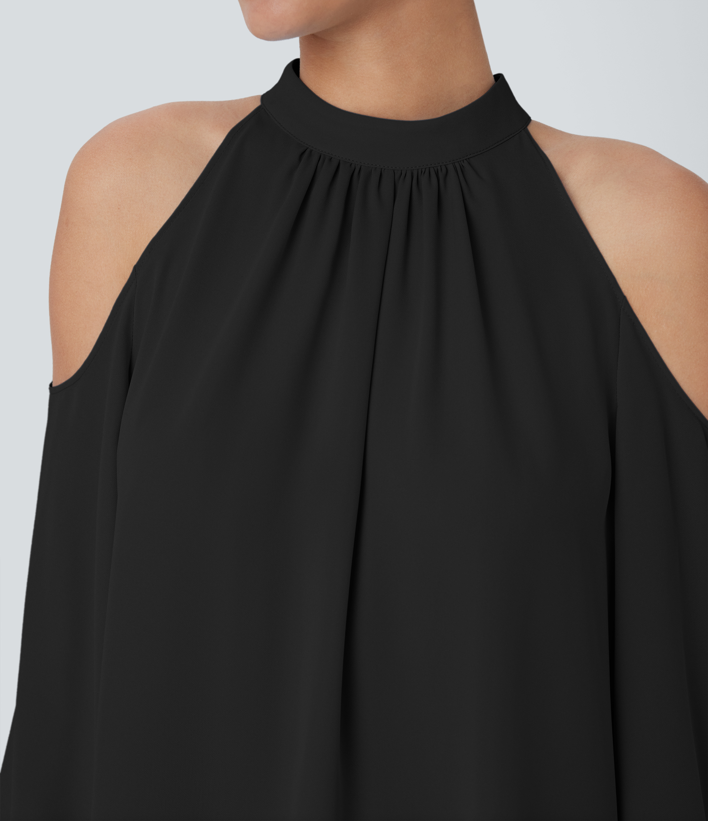 Halara Stand Collar Button Cold Shoulder Bishop Sleeve Casual Blouse  - Black - L 