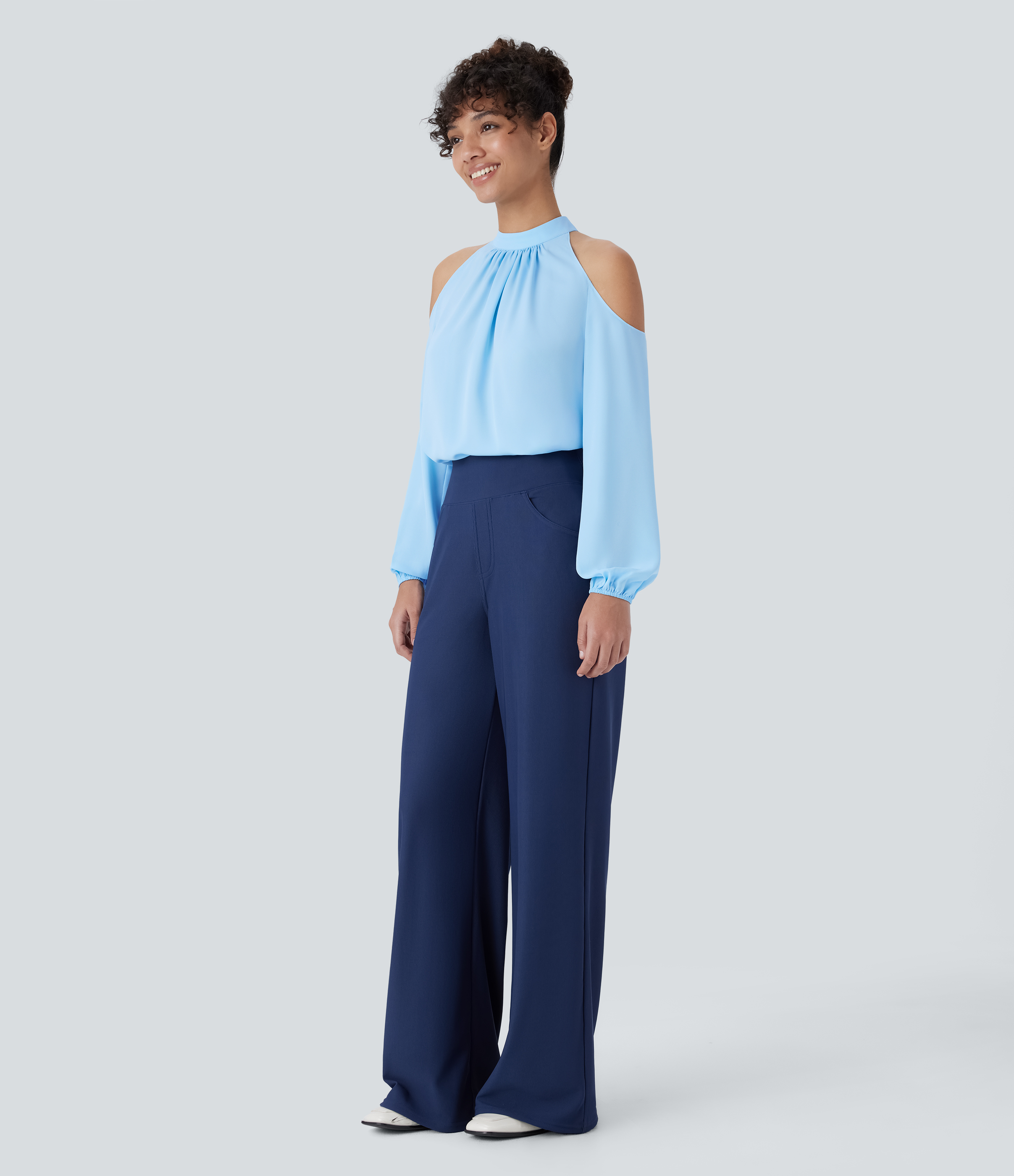 Halara Stand Collar Button Cold Shoulder Bishop Sleeve Casual Blouse  - Rippling Blue - L 