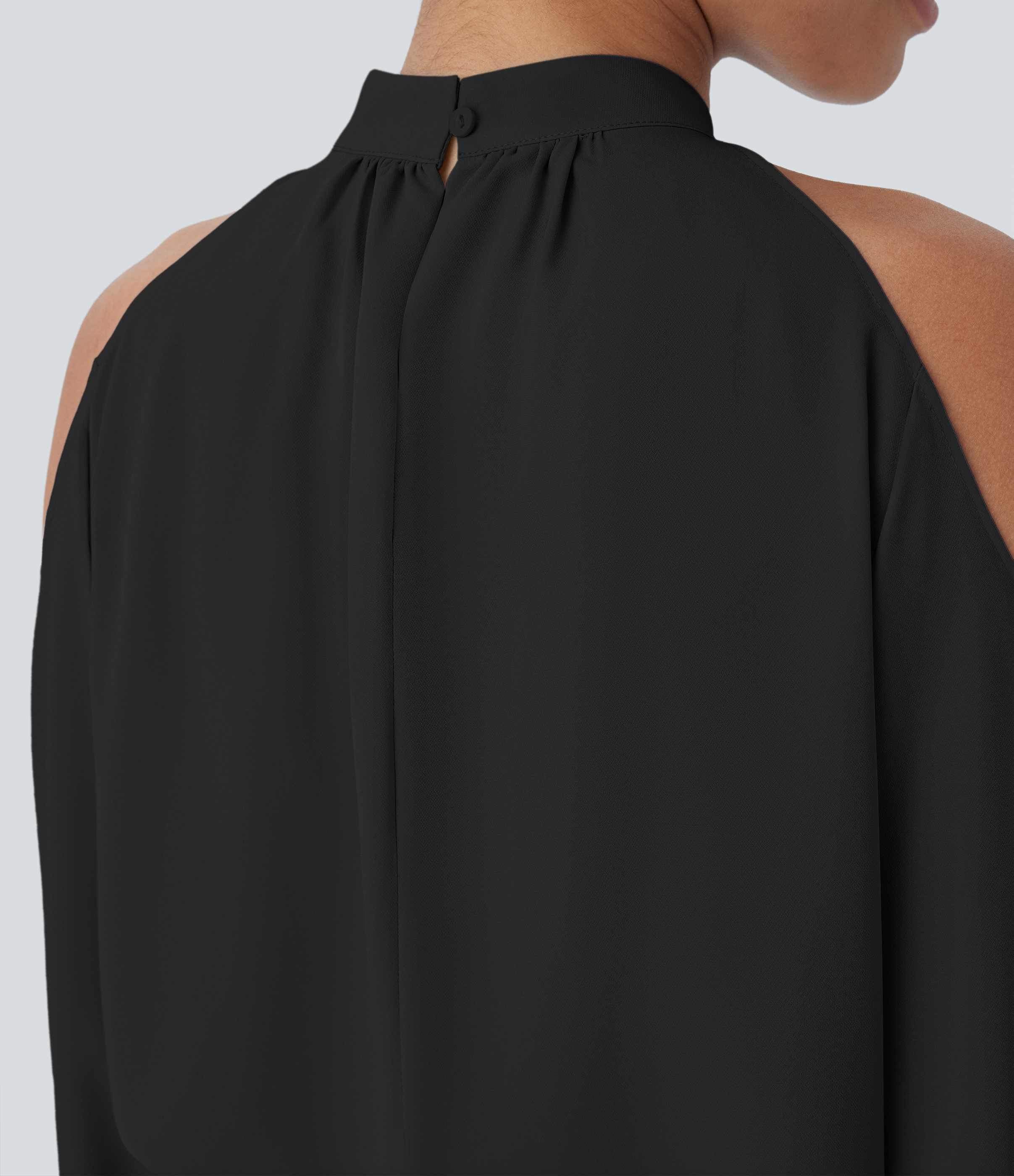 Halara Stand Collar Button Cold Shoulder Bishop Sleeve Casual Blouse  - Black - L 