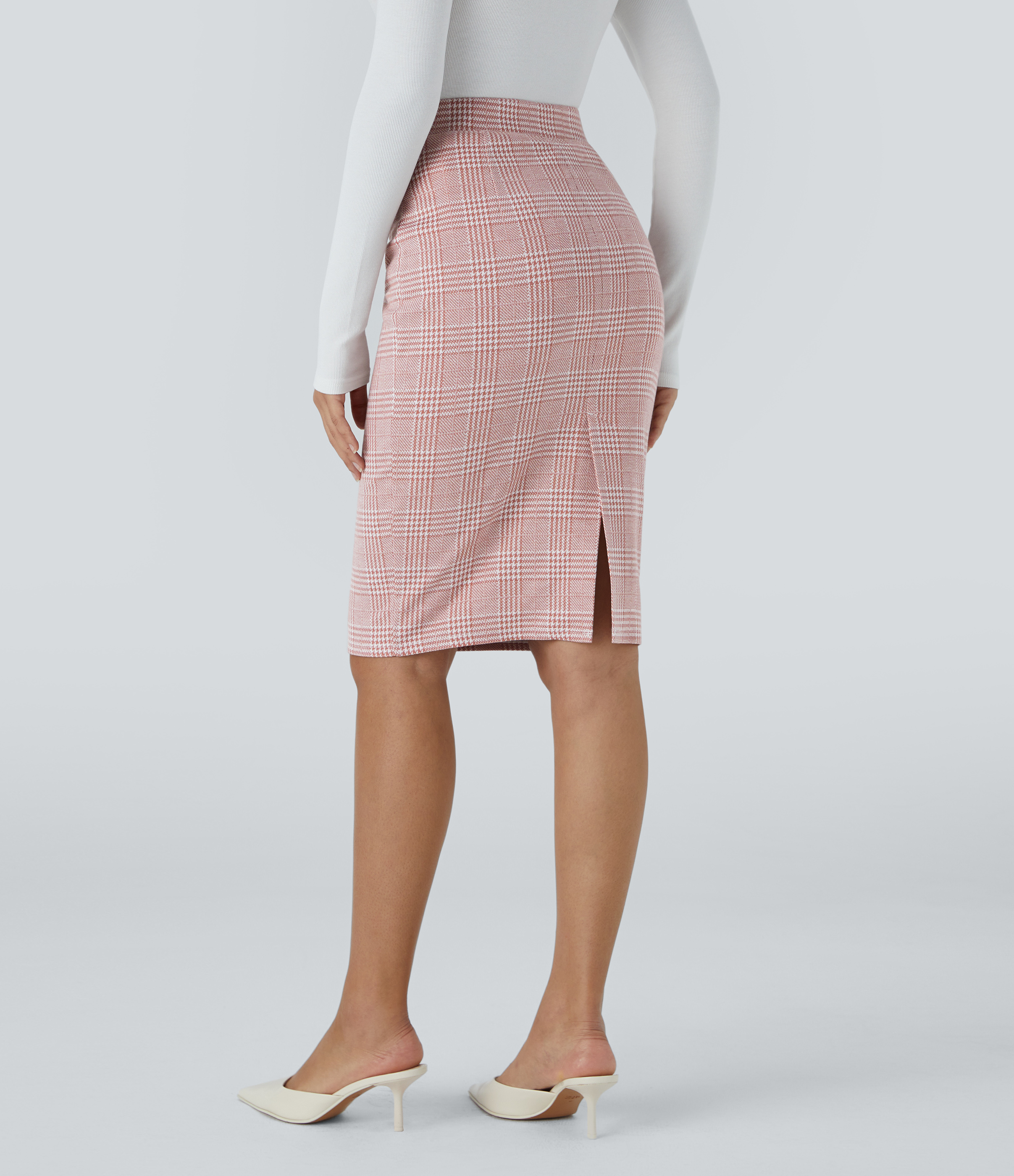 Halara High Waisted Split Hem Houndstooth Plaid Work Pencil Skirt  - Bean Paste Houndstooth Plaid - L(regular) 