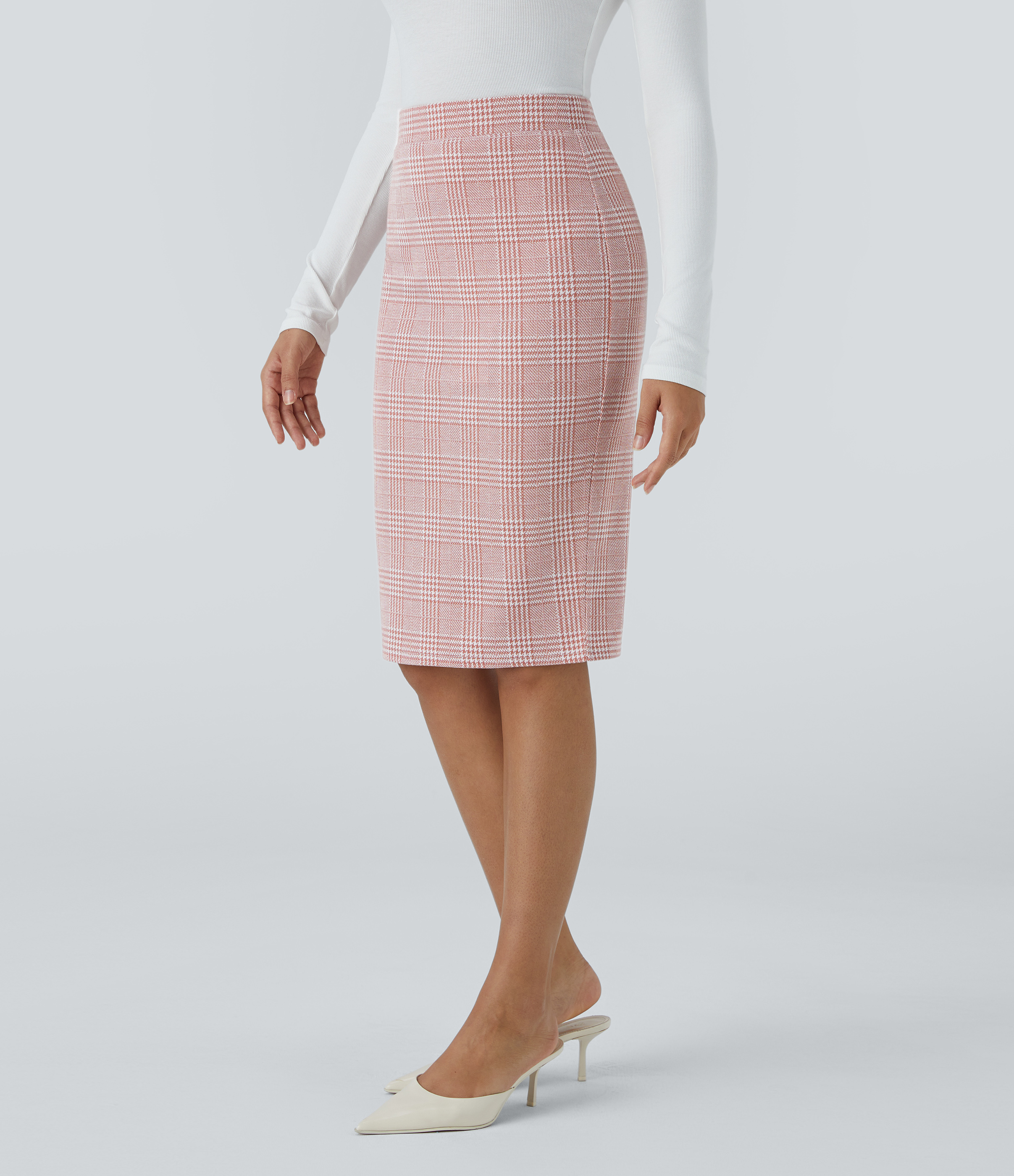 Halara High Waisted Split Hem Houndstooth Plaid Work Pencil Skirt  - Bean Paste Houndstooth Plaid - L(regular) 