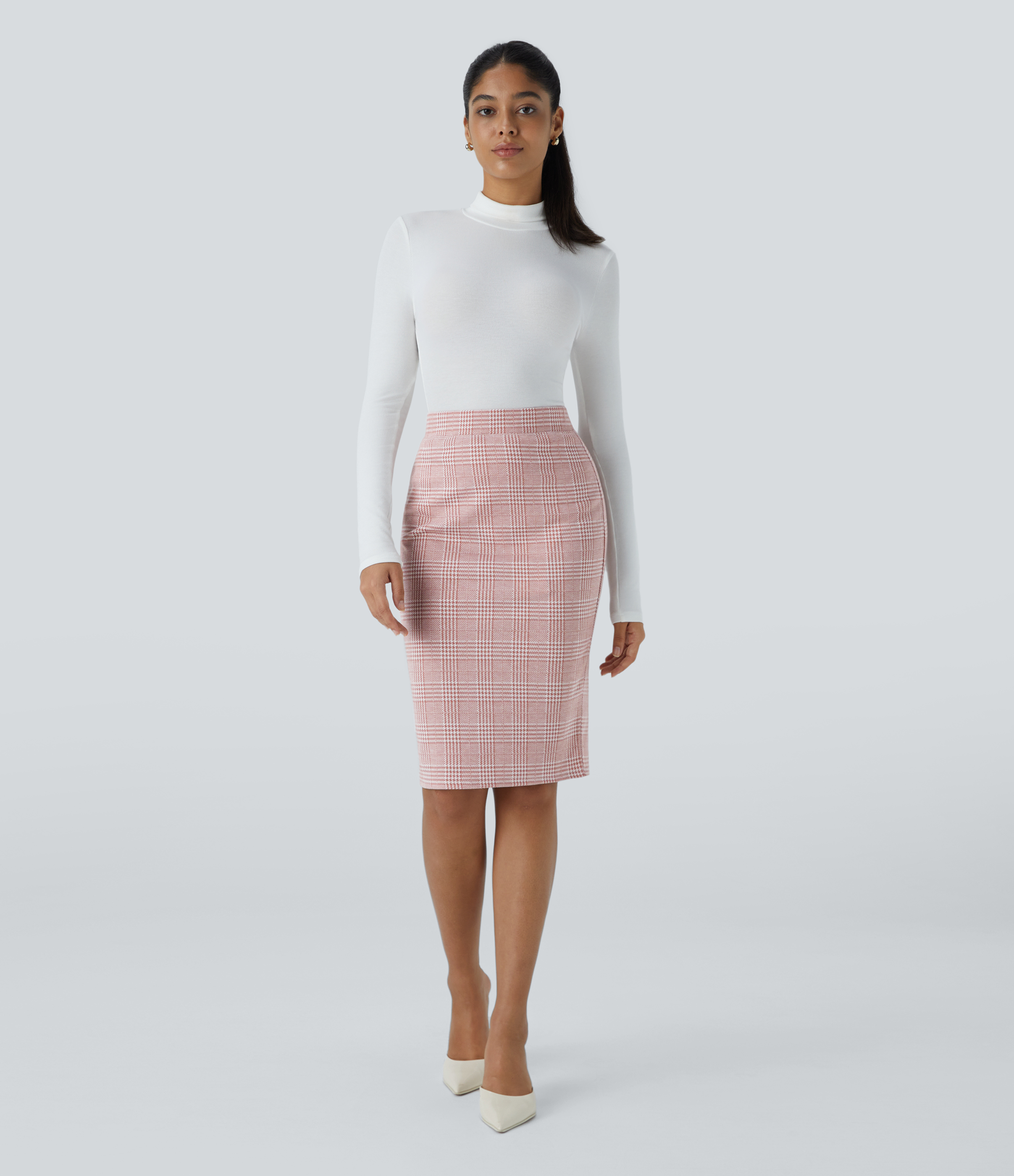 Halara High Waisted Split Hem Houndstooth Plaid Work Pencil Skirt  - Bean Paste Houndstooth Plaid - L(regular) 