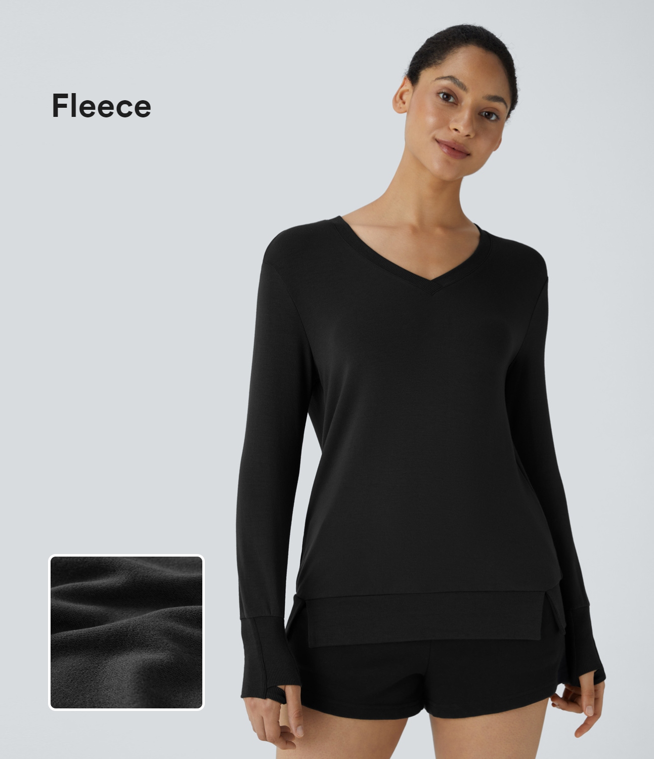 Halara V Neck Thumb Hole Split Ribbed Hem Fleece Lounge Sweatshirt  - Black - XS 