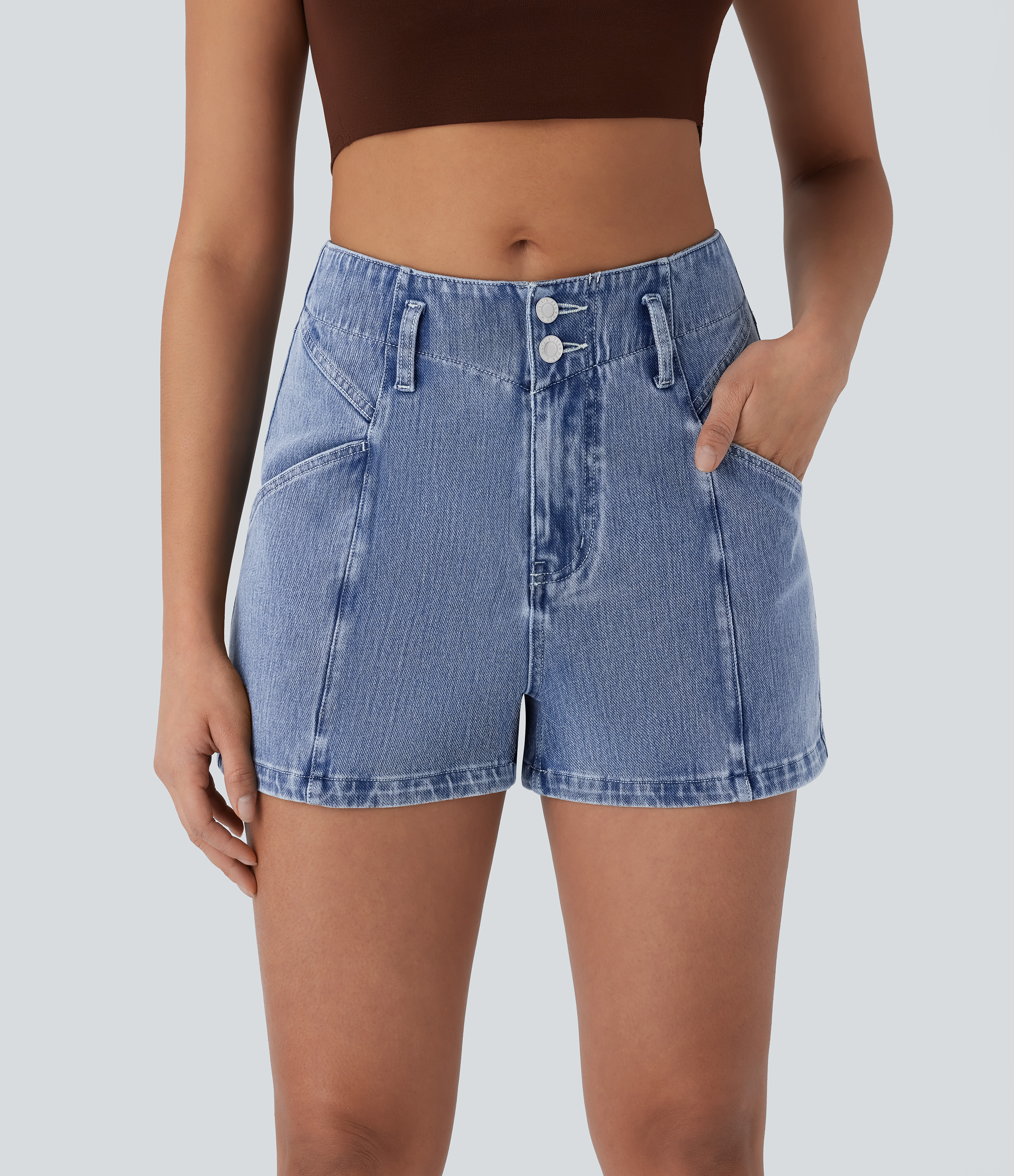 Halara Flex™ Mid Rise Knopf Reißverschluss Seitentasche Stretch-Strick Denim Casual Shorts 7,6cm