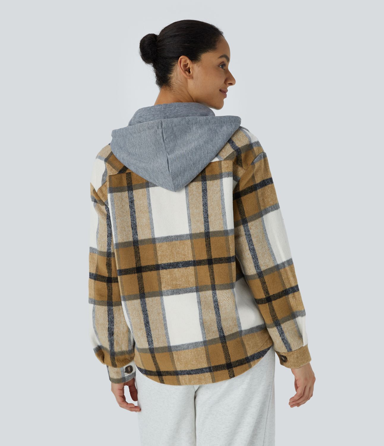 Halara Removable Hood Drawstring Button Long Sleeve Side Pocket Plaid Casual Jacket  - Black and Yellow Plaid - M 