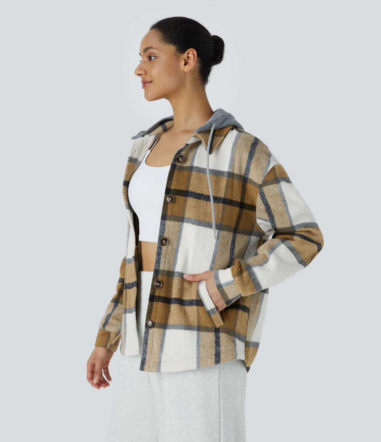 Halara Removable Hood Drawstring Button Long Sleeve Side Pocket Plaid Casual Jacket  - Black and Yellow Plaid - M 
