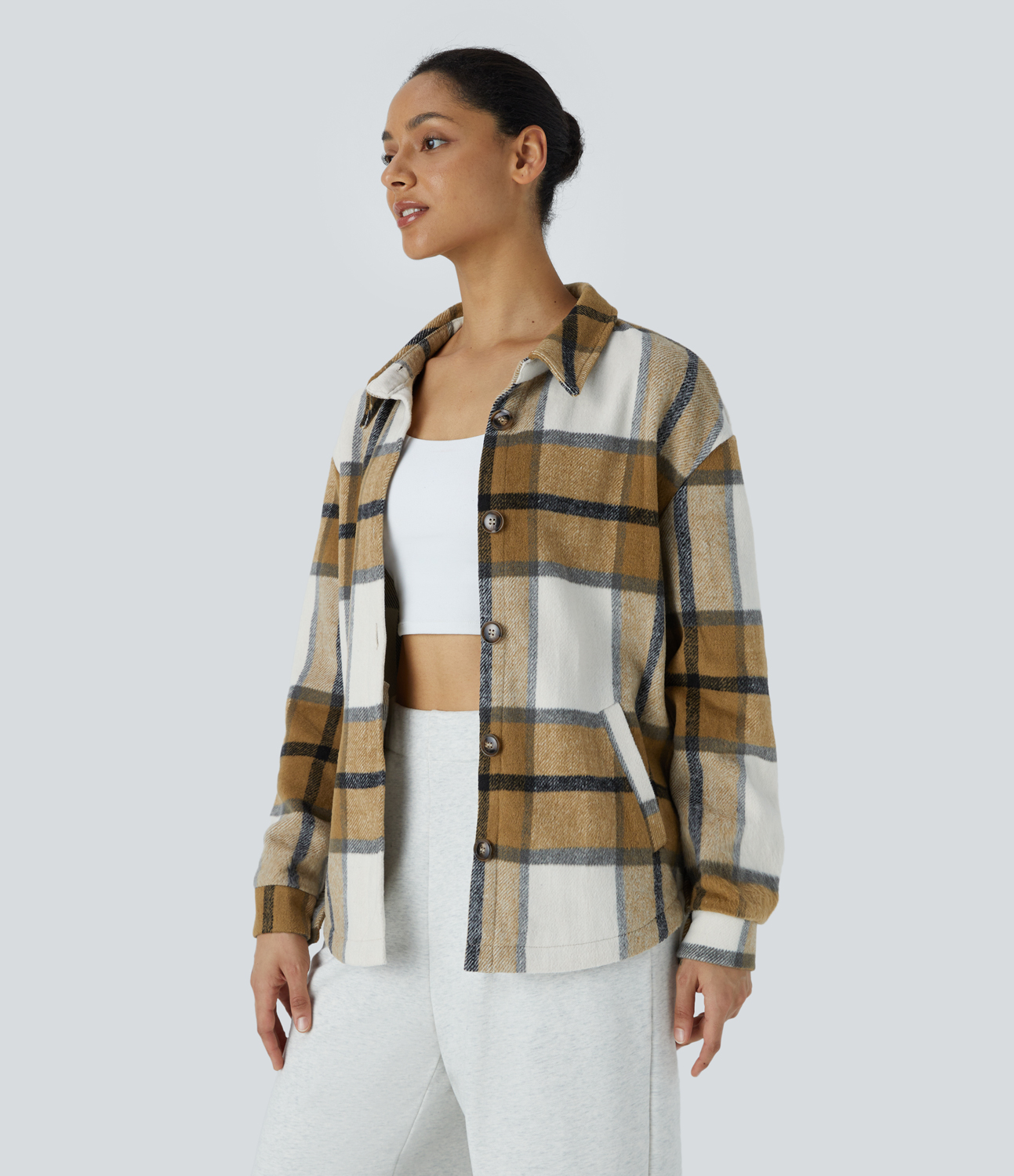 Halara Removable Hood Drawstring Button Long Sleeve Side Pocket Plaid Casual Jacket  - Black and Yellow Plaid - M 
