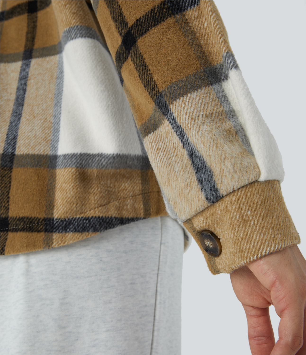 Halara Removable Hood Drawstring Button Long Sleeve Side Pocket Plaid Casual Jacket  - Black and Yellow Plaid - M 