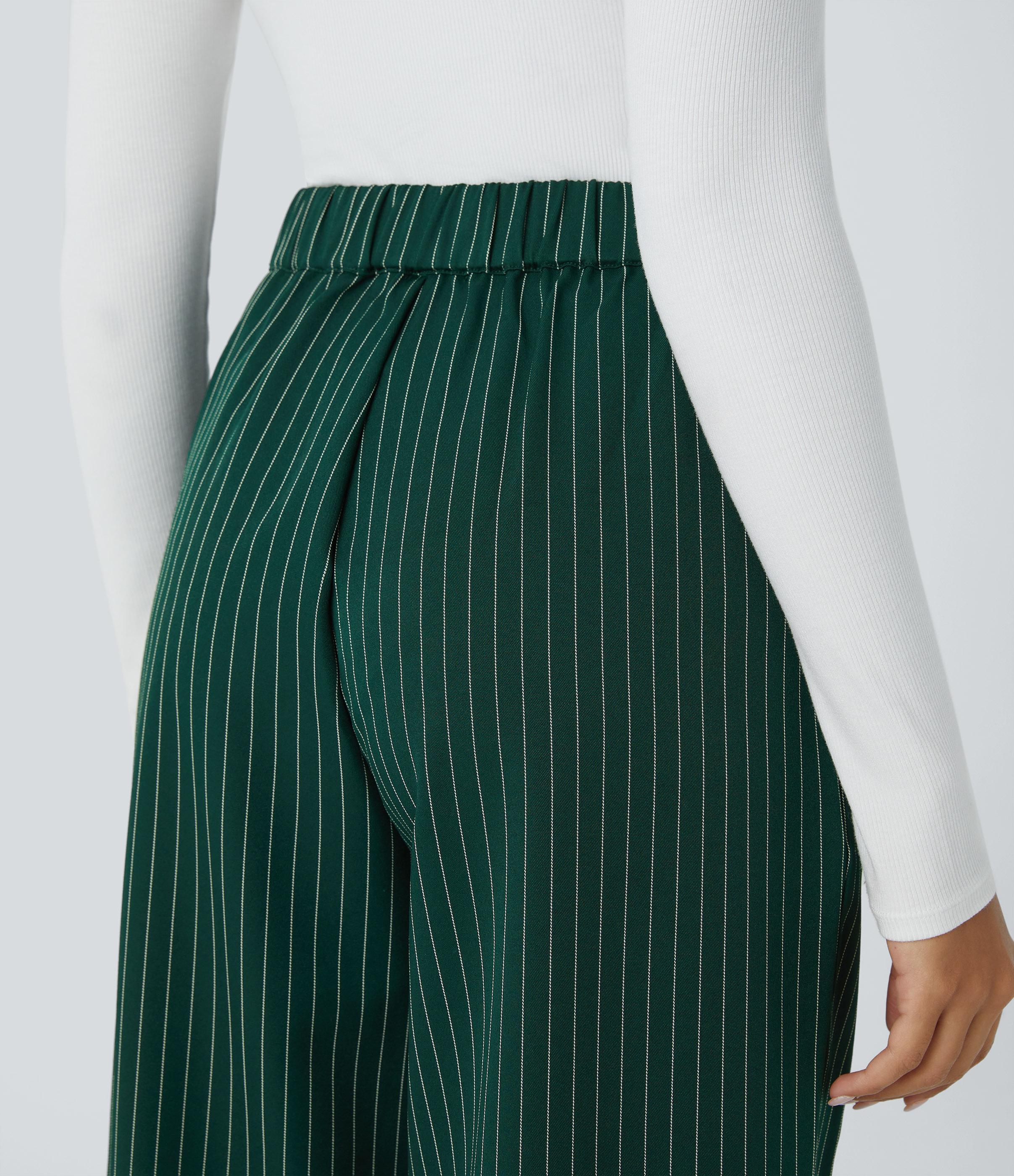 Halara High Waisted Button Zipper Side Pocket Wide Leg Striped Work Pants  - Forest Biome - S(regular) sweatpants jogger pants 
