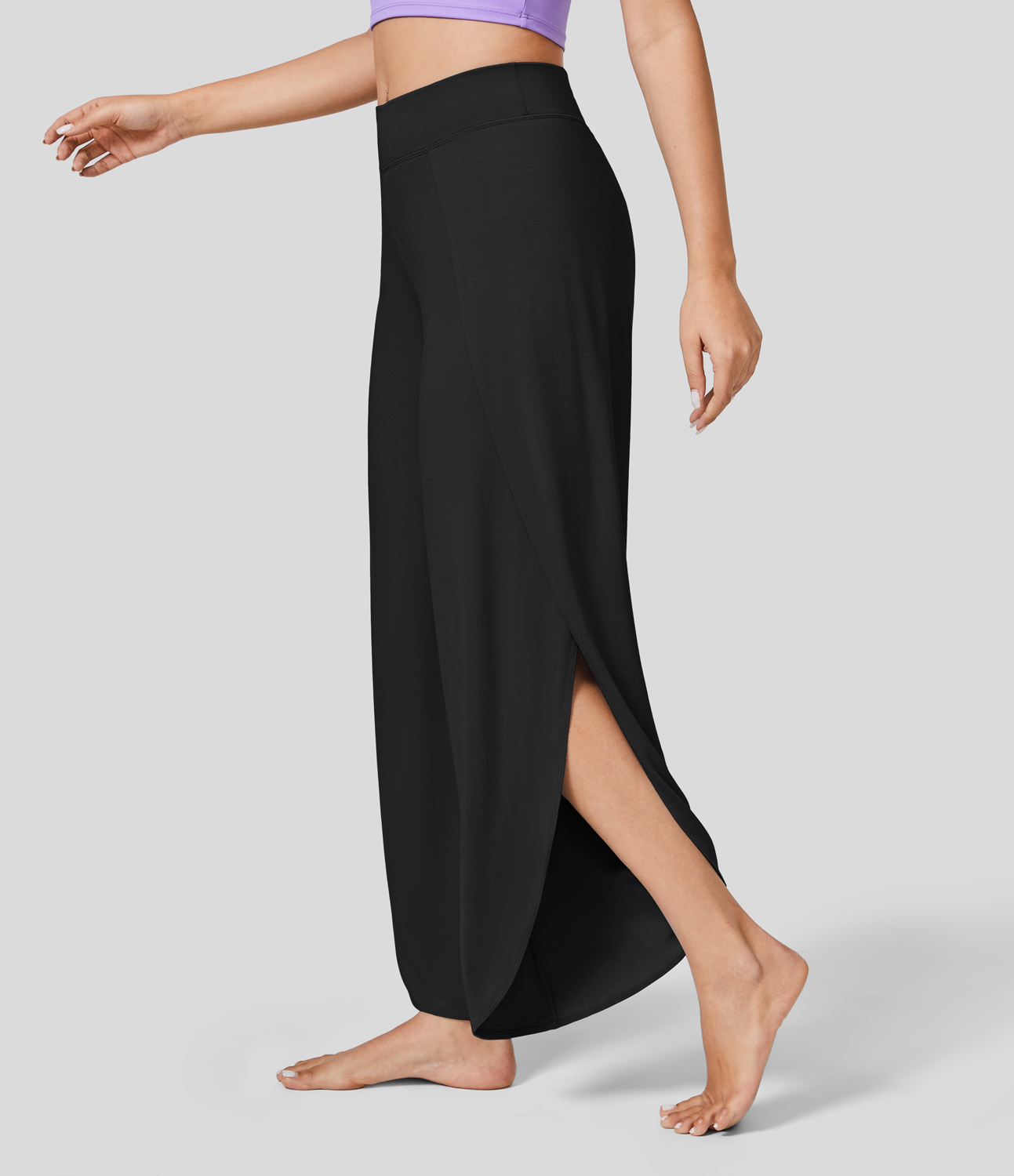 Halara Mid Rise Inside Drawstring Split Flowy Quick Dry Yoga Pants  - Black - XL(regular) 
