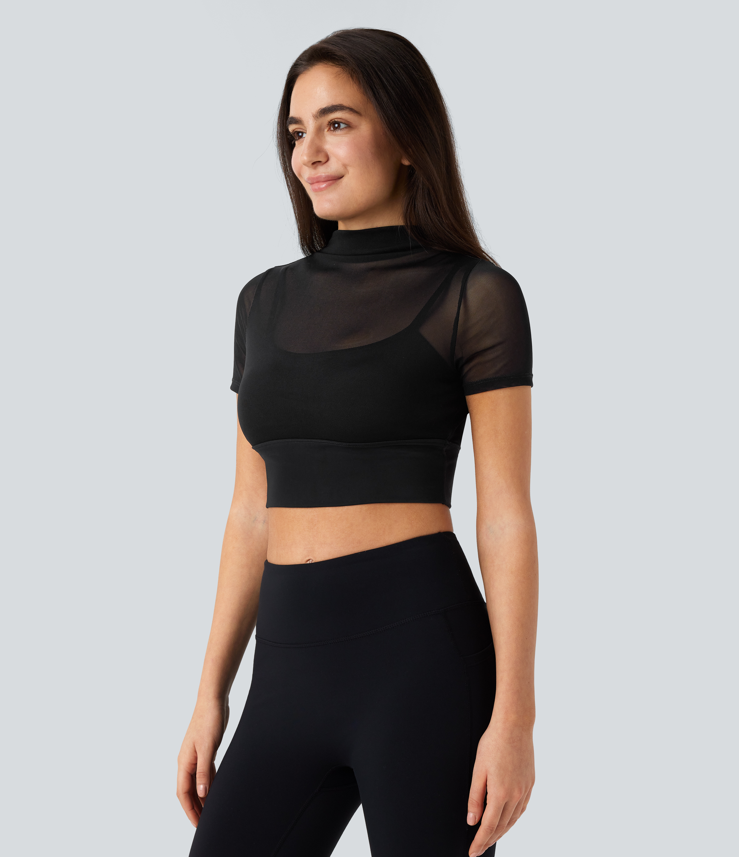 Halara Contrast Mesh Short Sleeve 2-in-1 Cropped Yoga Sports Top  - Black - S 