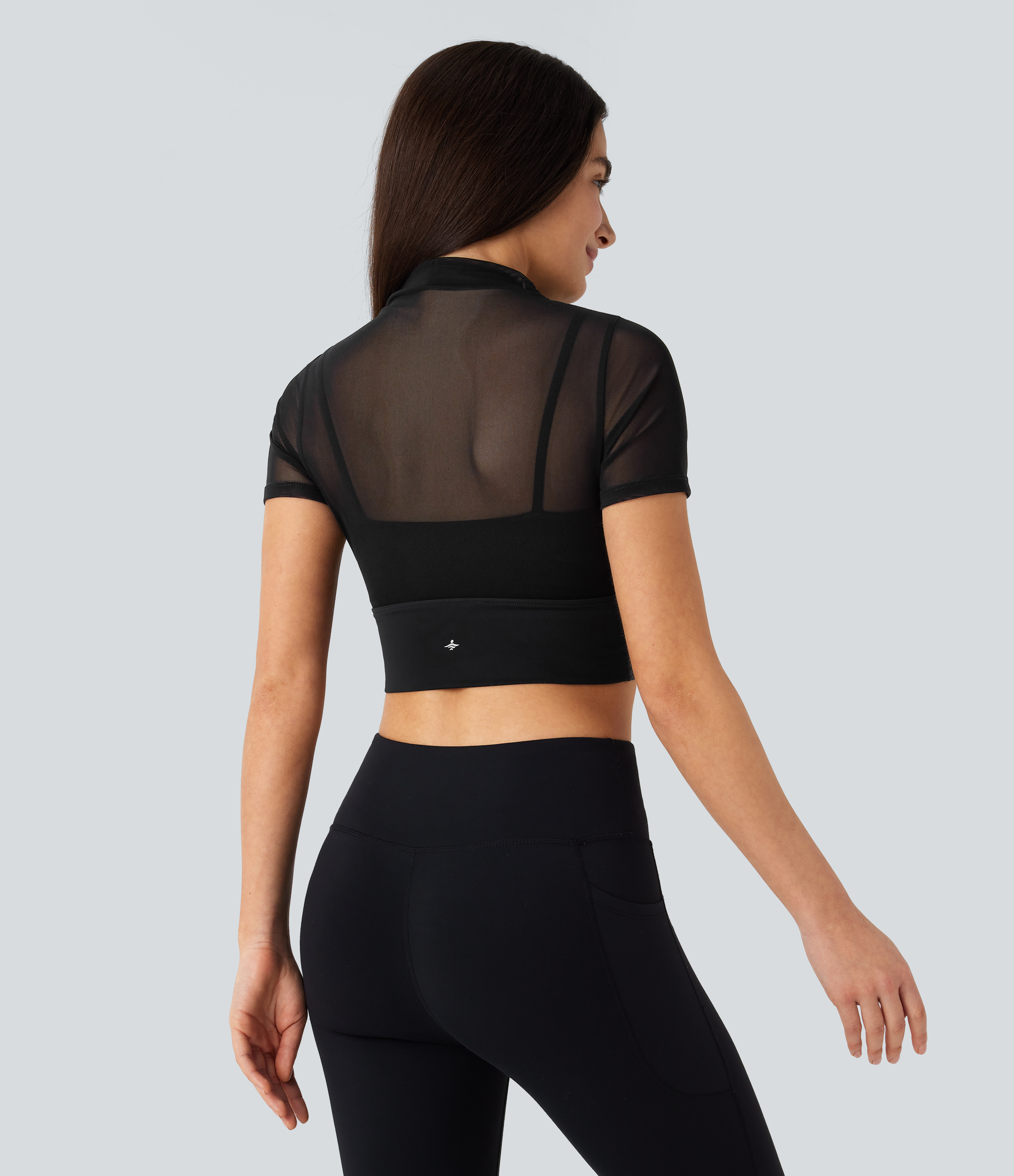 Halara Contrast Mesh Short Sleeve 2-in-1 Cropped Yoga Sports Top  - Black - S 