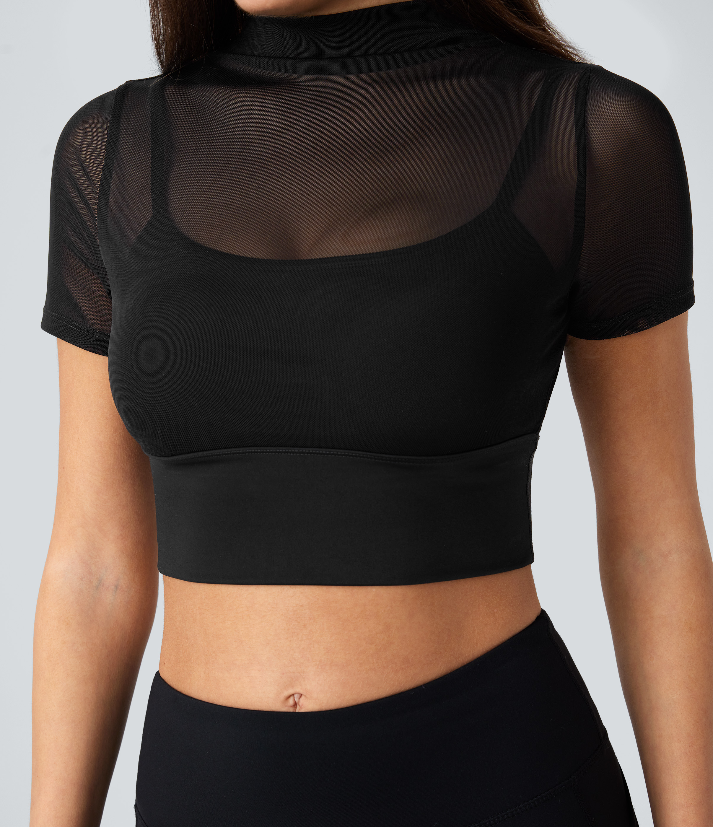 Halara Contrast Mesh Short Sleeve 2-in-1 Cropped Yoga Sports Top  - Black - S 