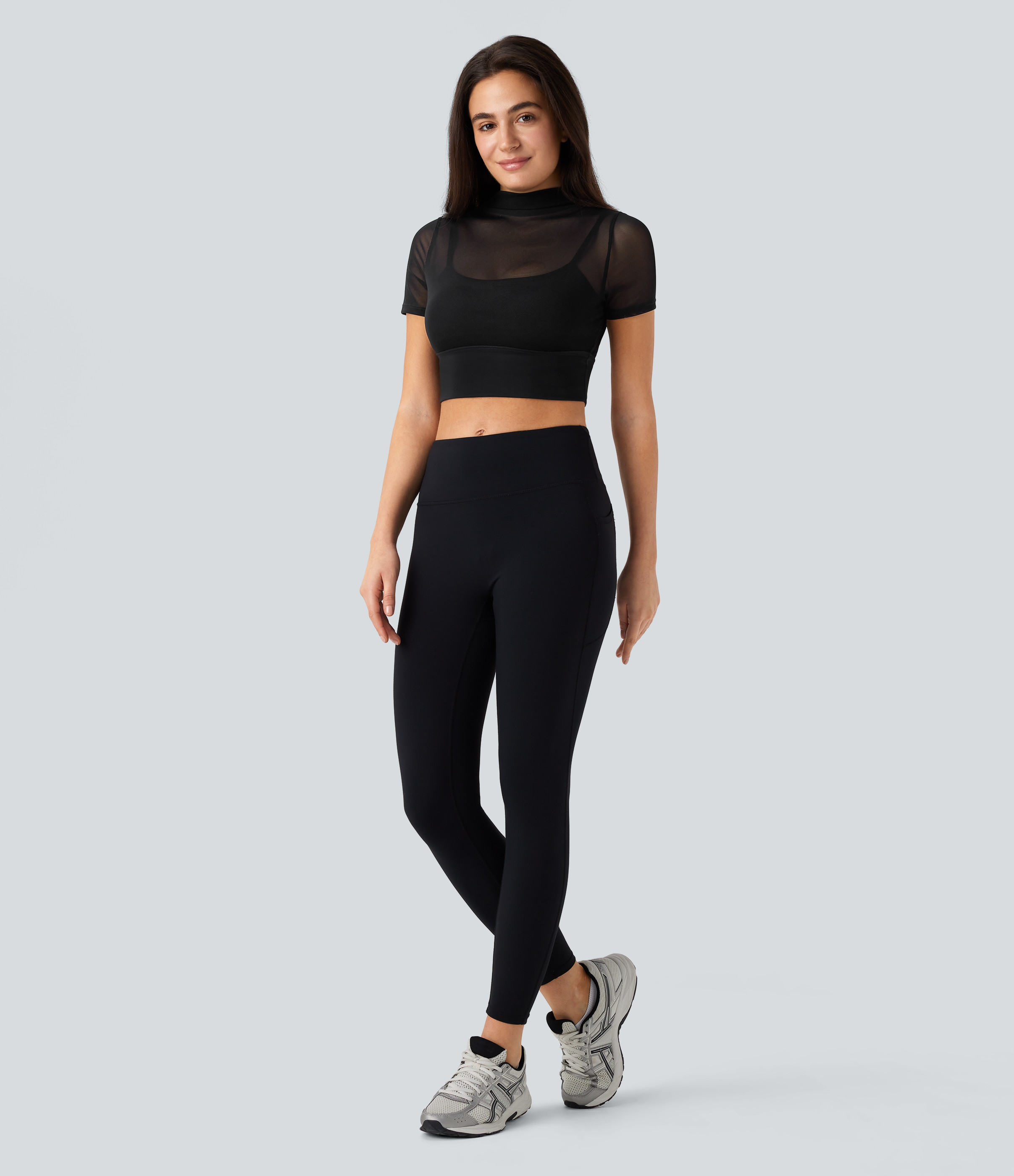 Halara Contrast Mesh Short Sleeve 2-in-1 Cropped Yoga Sports Top  - Black - S 