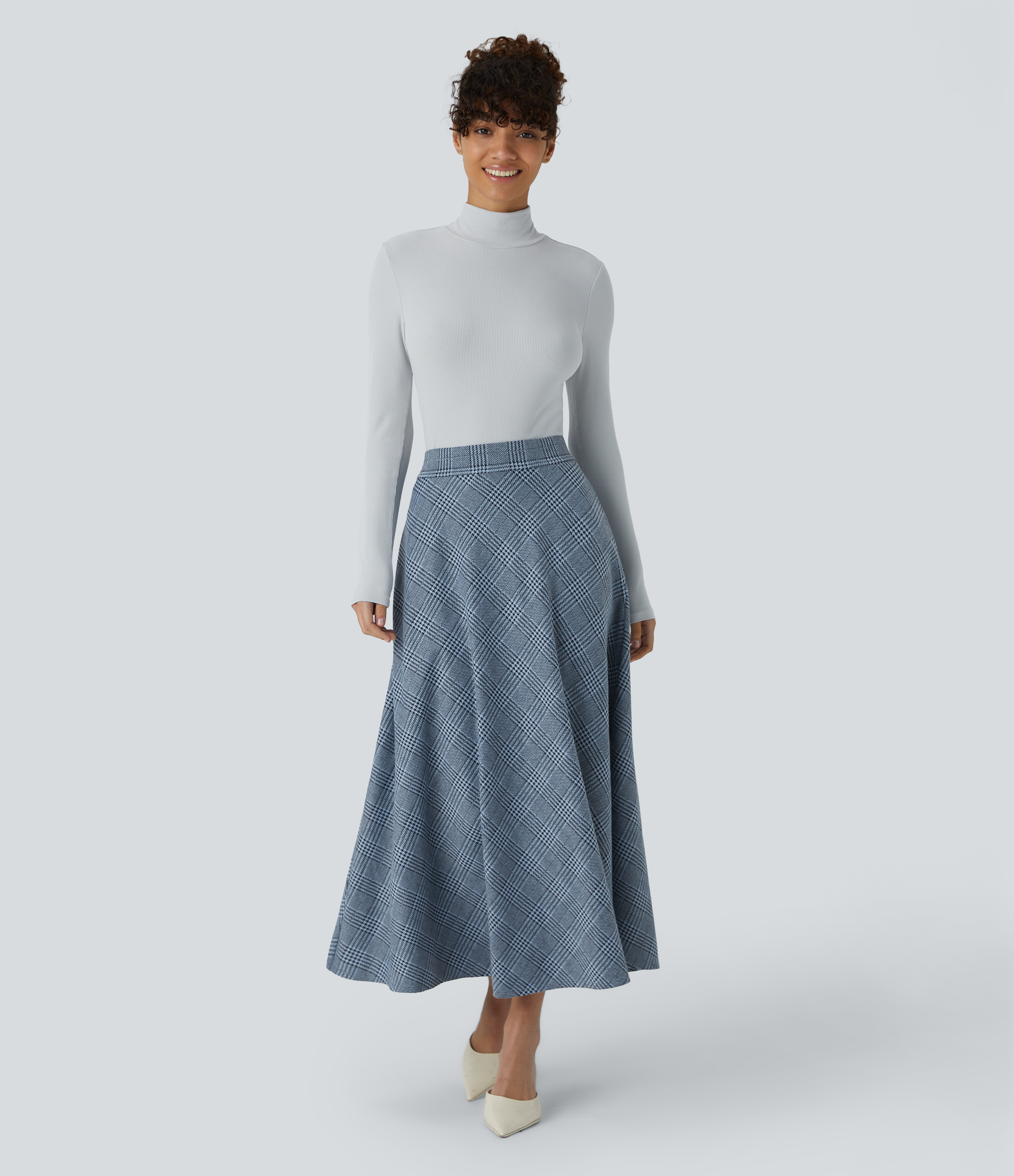 Halara High Waisted Side Pocket Houndstooth Plaid Flare Midi Casual Skirt  - Grey Houndstooth Plaid - XS(regular) 