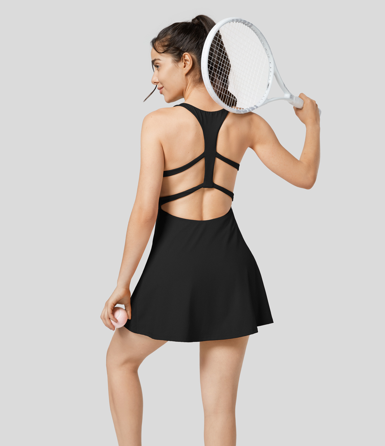 

Halara Backless Cut Out 2-in-1 Pocket Quick Dry Flare Mini Tennis Active Dress Workout Dress - Black